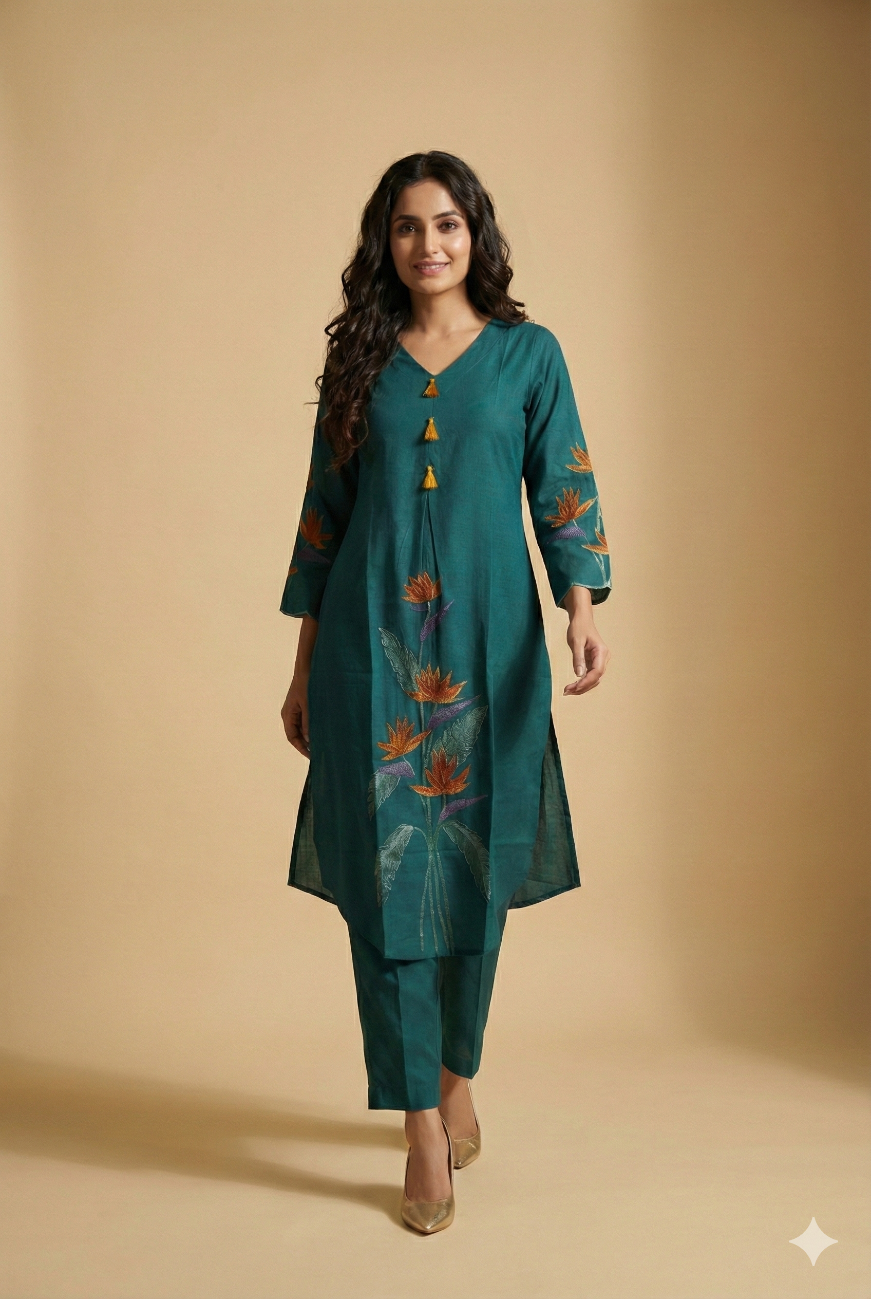 Stylish Teal Floral Embroidered Pure Cotton A-Line Kurti with Bottom Set