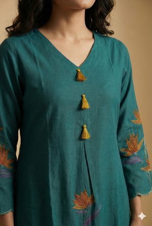 Stylish Teal Floral Embroidered Pure Cotton A-Line Kurti with Bottom Set