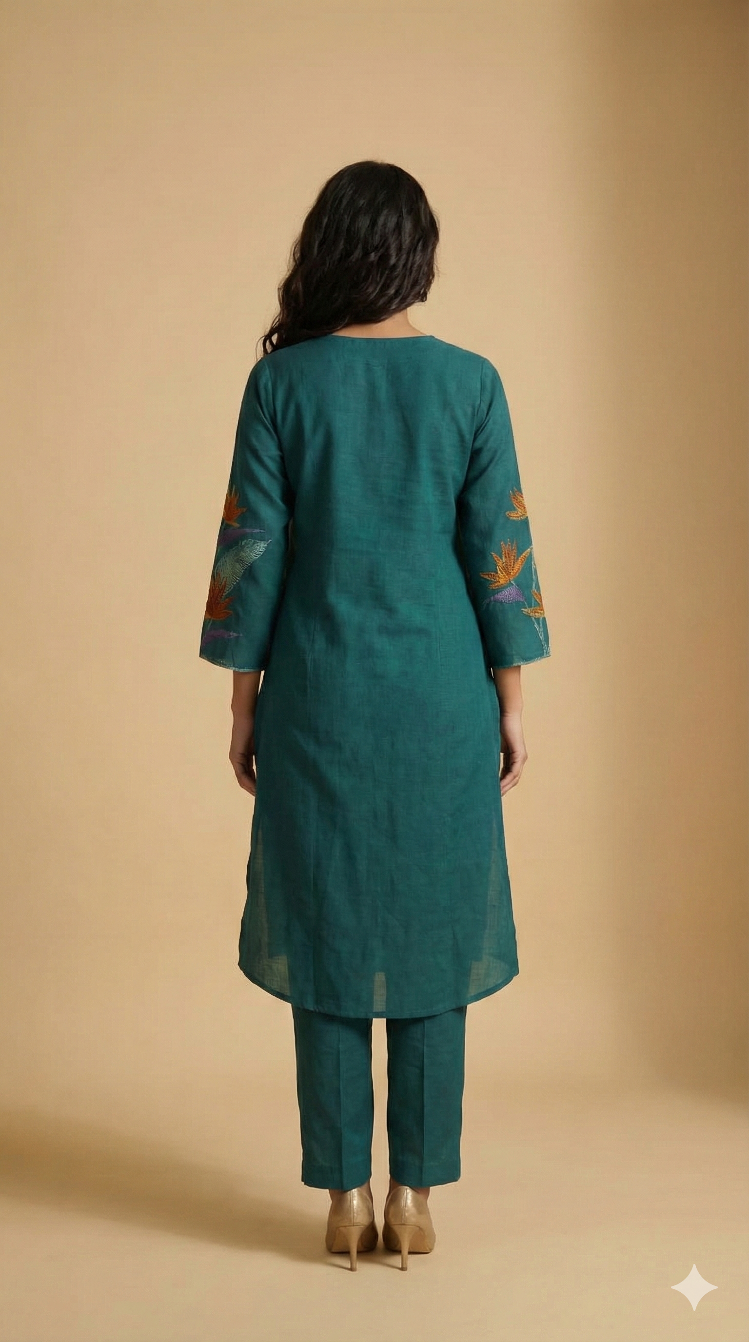 Stylish Teal Floral Embroidered Pure Cotton A-Line Kurti with Bottom Set