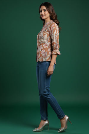 Stylish Brown Floral Printed Top Crafted in Lightweight Muslin Fabric
