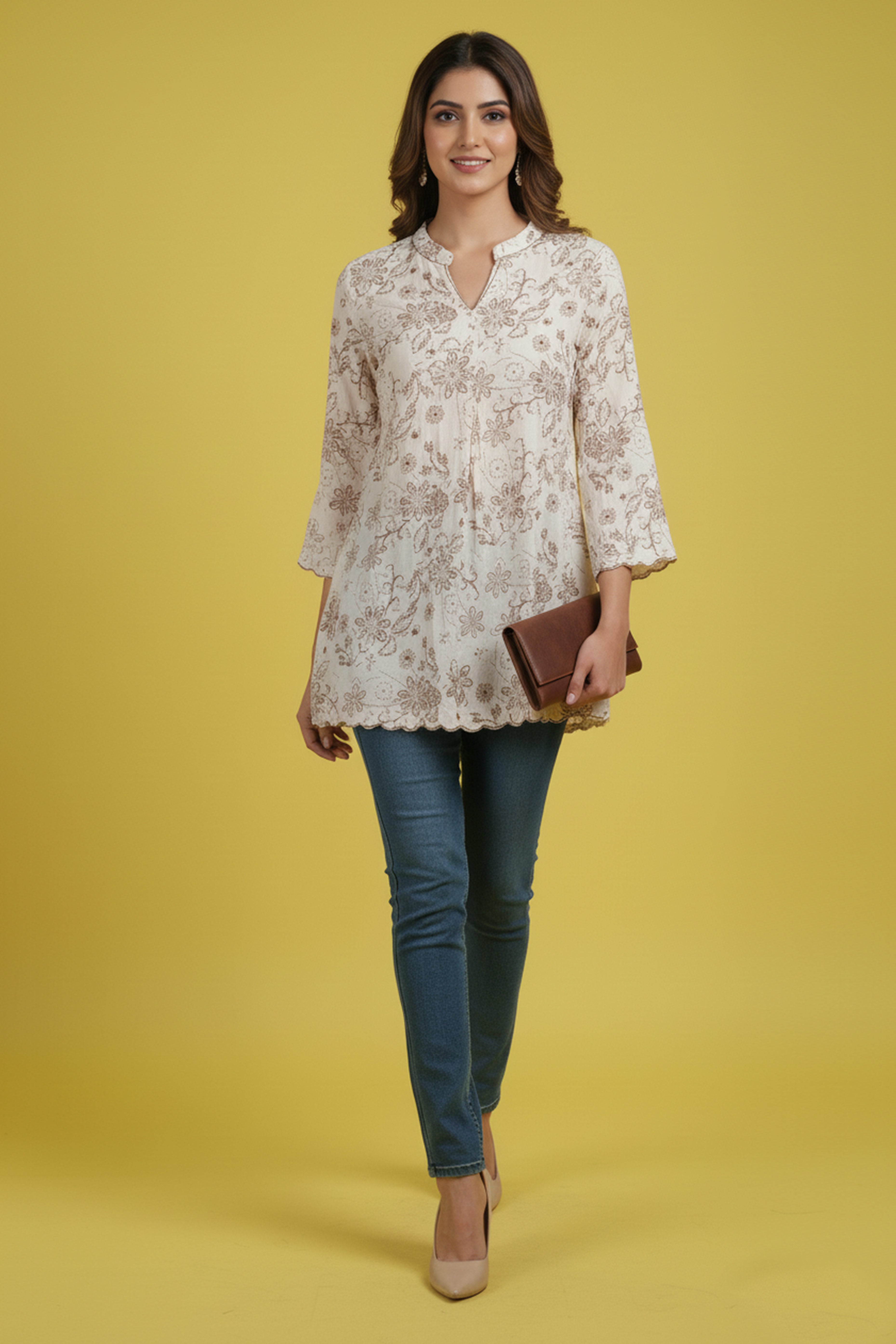 Minimalist Off White Pure Cotton Straight Top with All-Over Floral Motifs