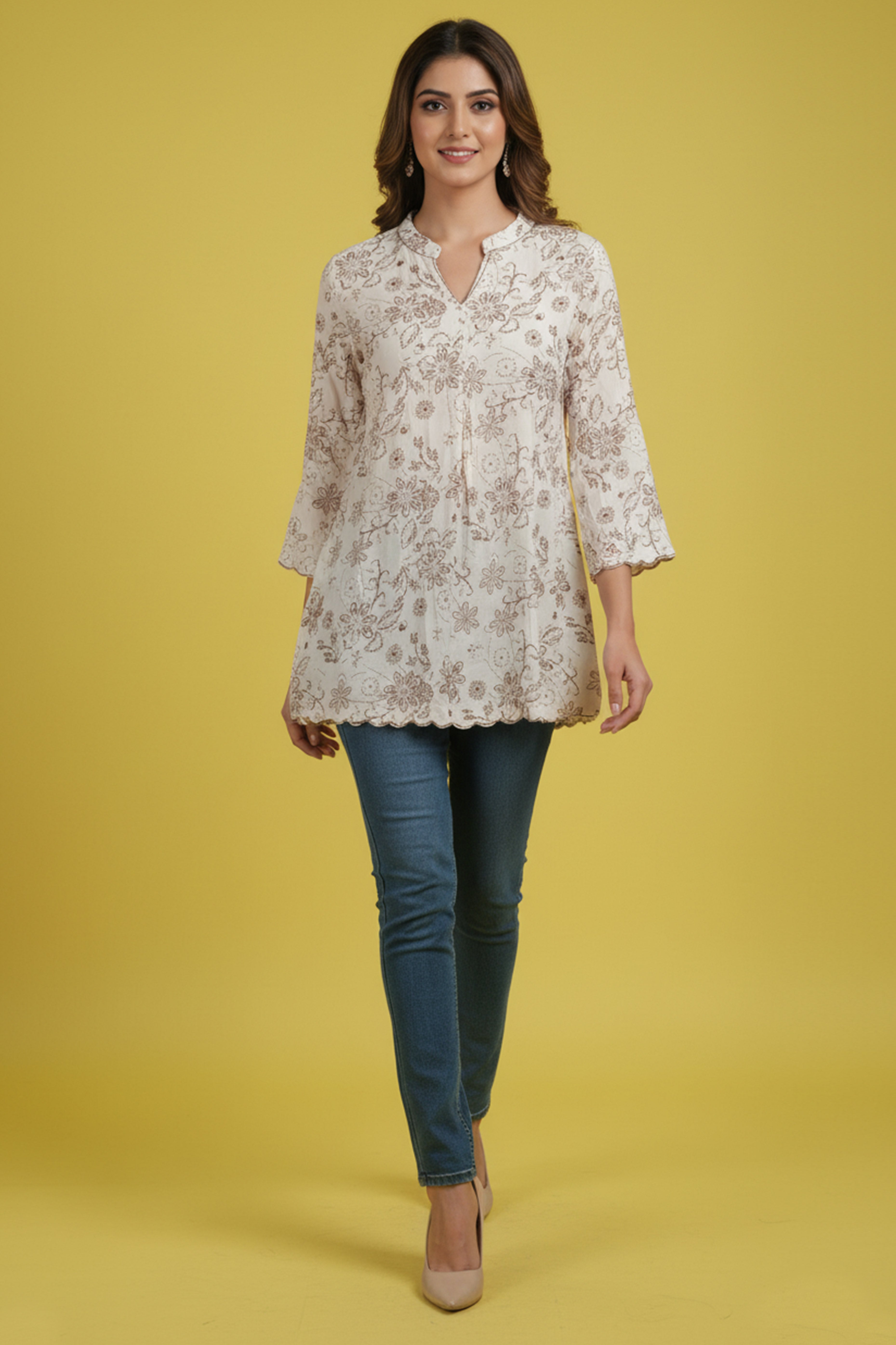 Minimalist Off White Pure Cotton Straight Top with All-Over Floral Motifs