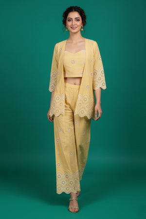 Yellow Schiffli Pure Cotton Top Bottom Set With Jacket