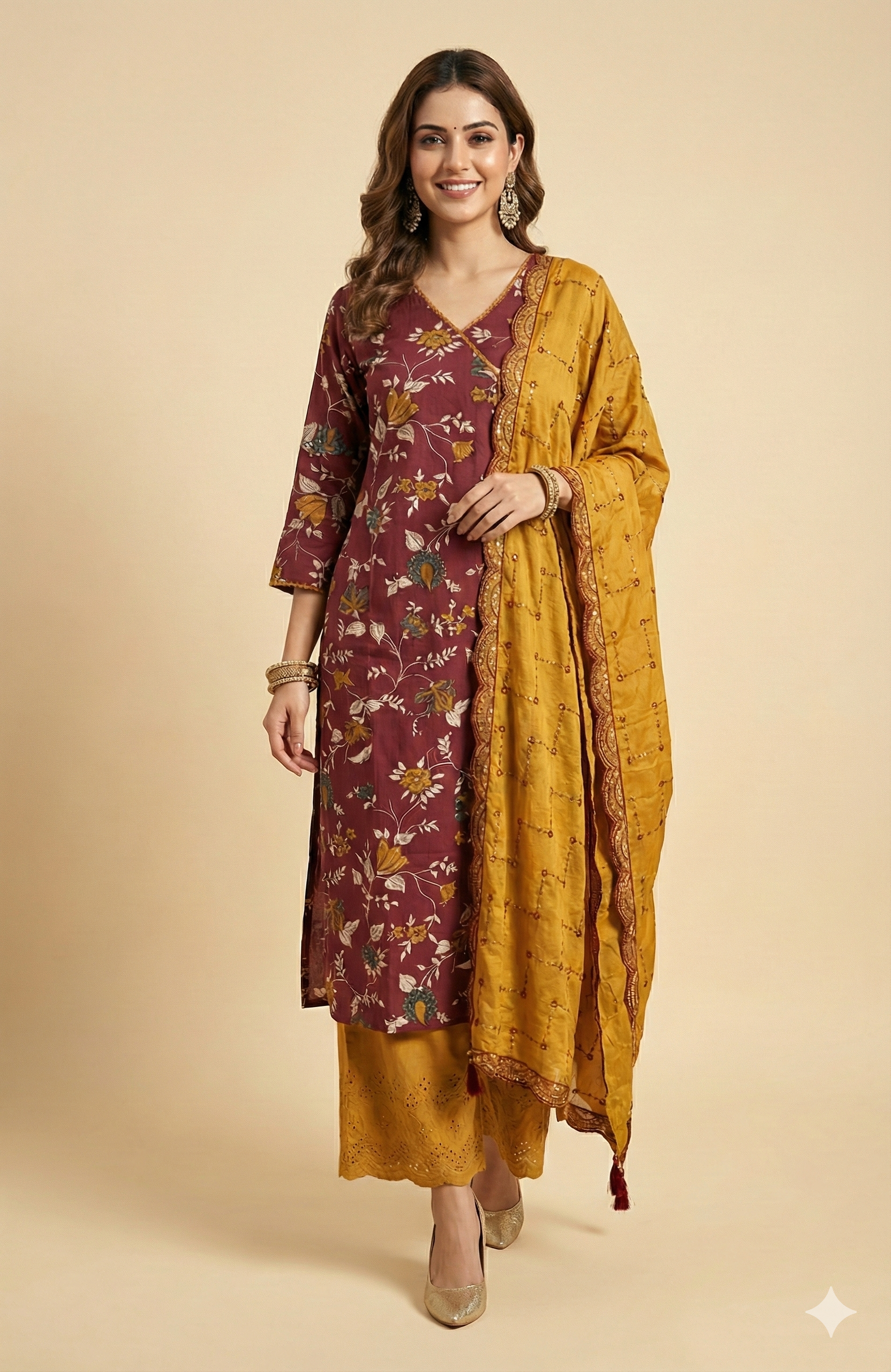Maroon viscose Angrakha-Style Salwar Suit Adorned with Graceful Floral Prints