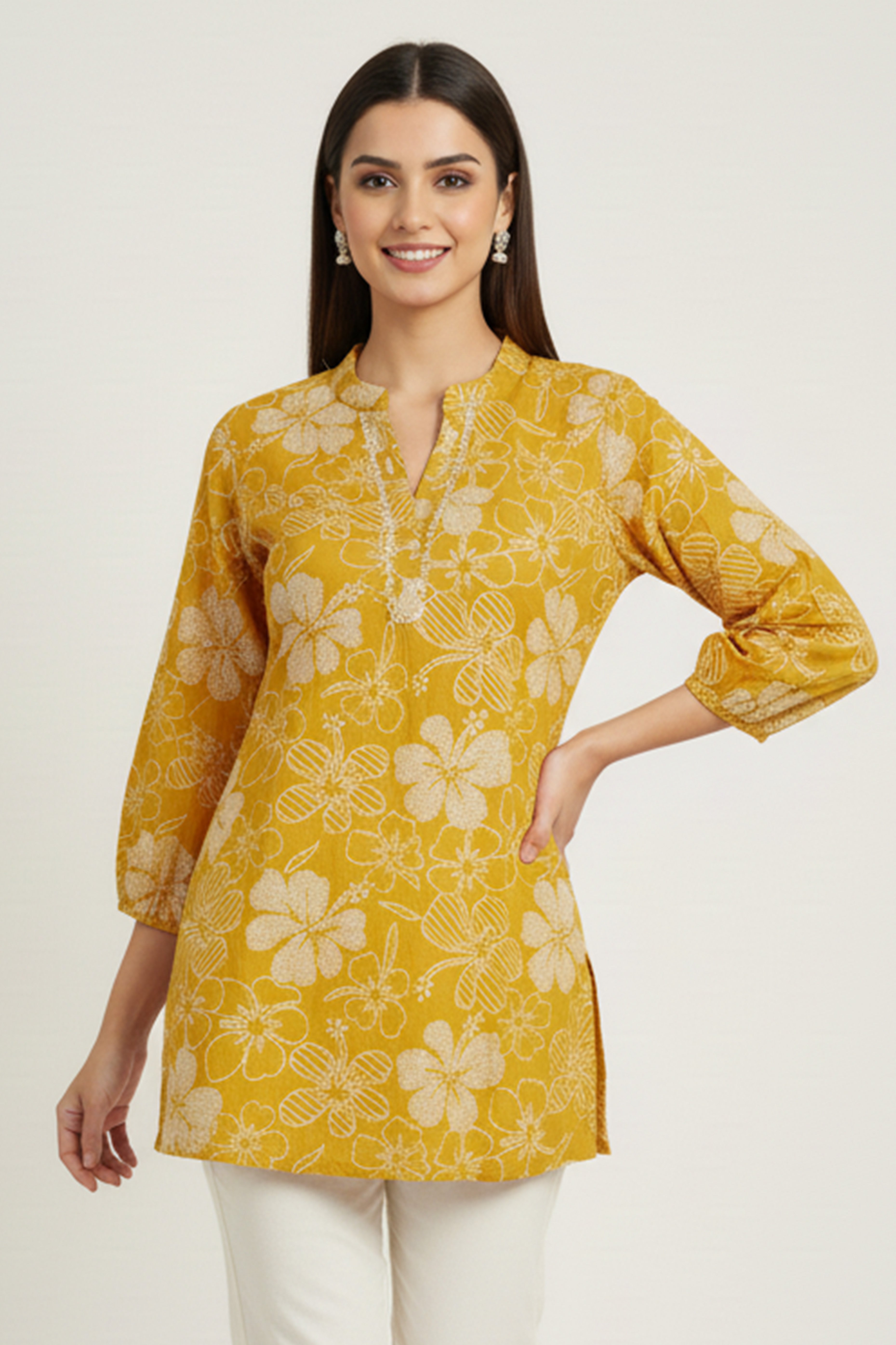 Mustard Viscose Blend Slub Fabric Top with Beautiful Floral Prints