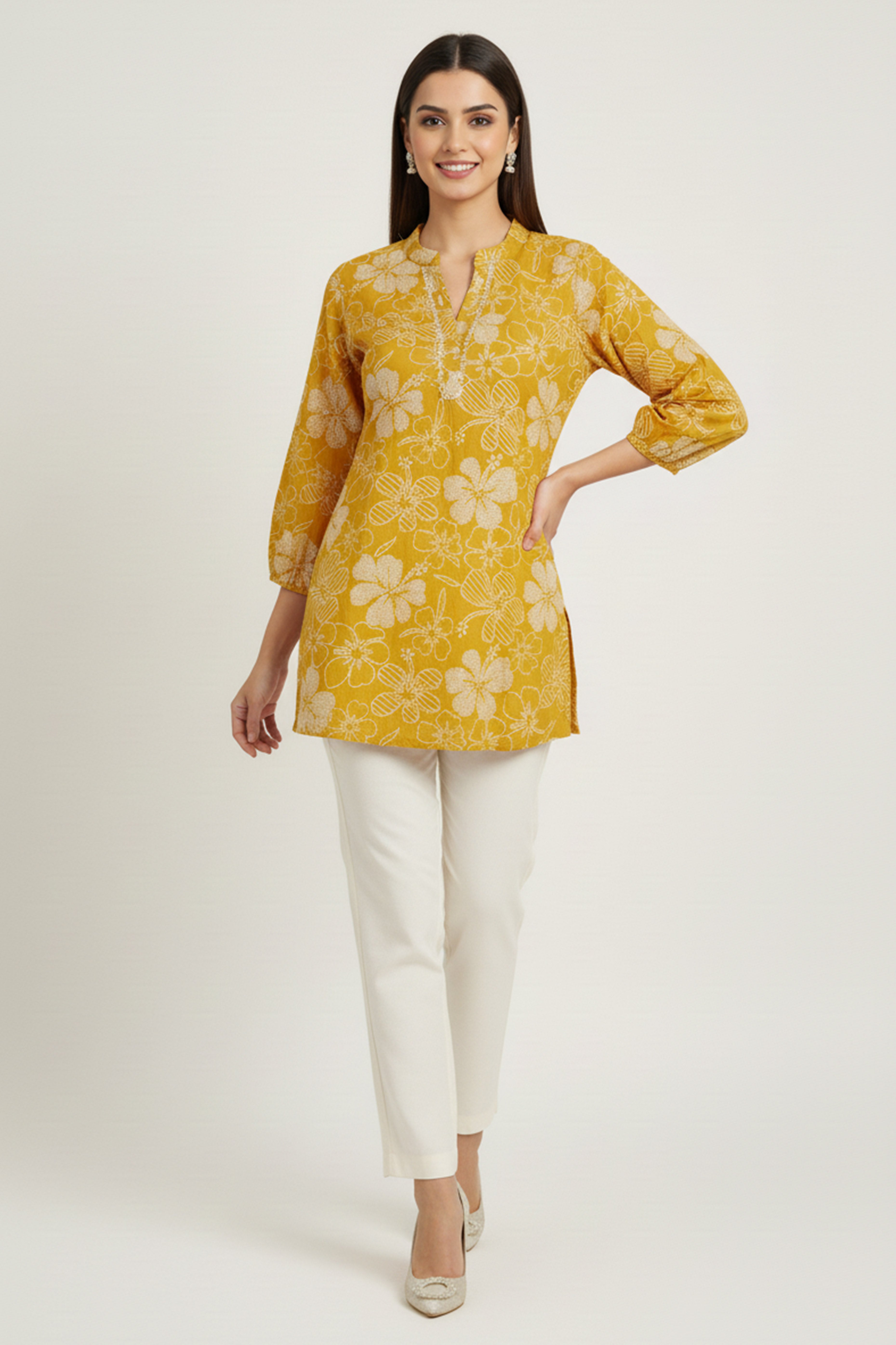 Mustard Viscose Blend Slub Fabric Top with Beautiful Floral Prints