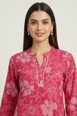 Rani Pink Viscose Blend Slub Fabric Top with Beautiful Floral Prints