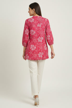 Rani Pink Viscose Blend Slub Fabric Top with Beautiful Floral Prints