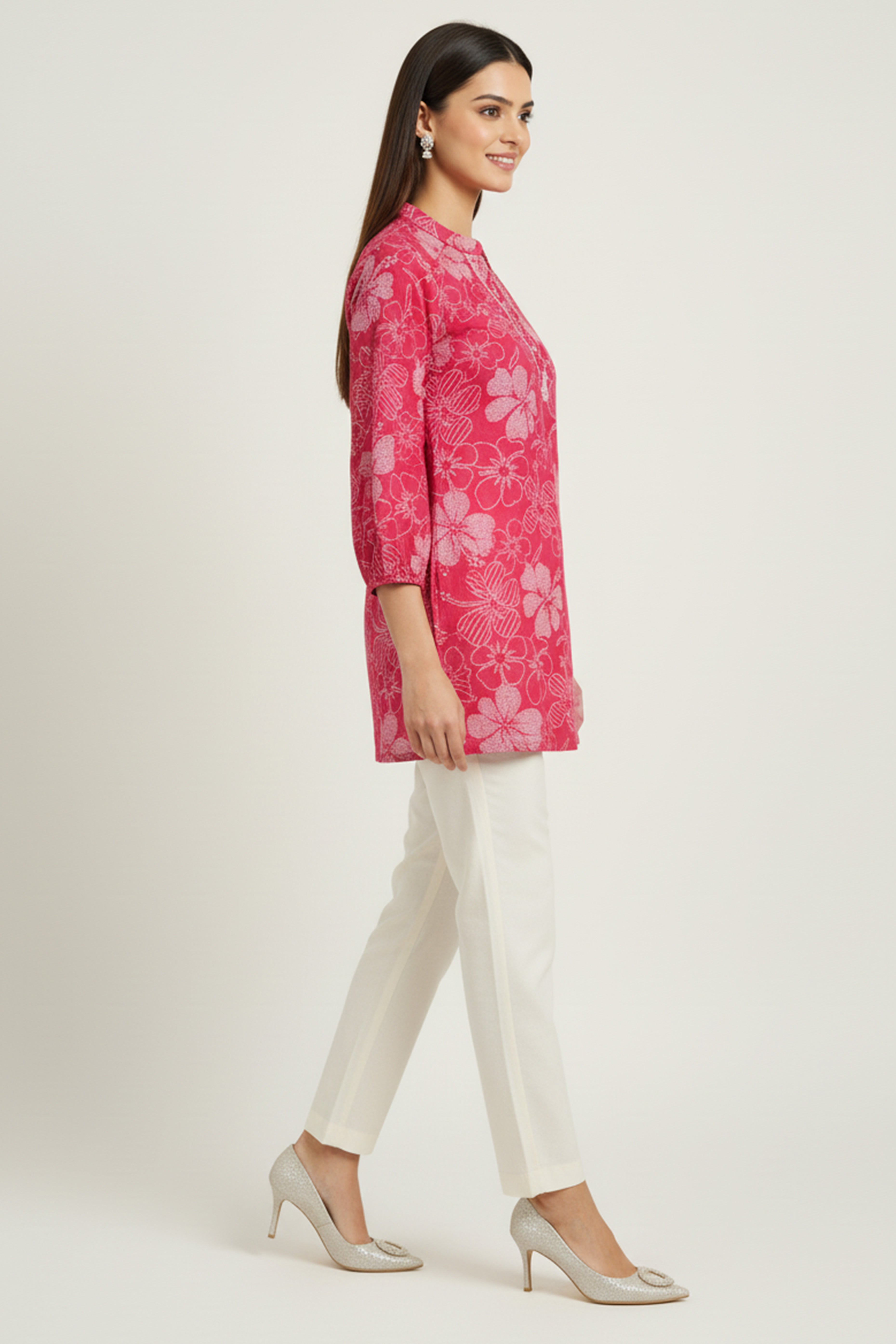 Rani Pink Viscose Blend Slub Fabric Top with Beautiful Floral Prints