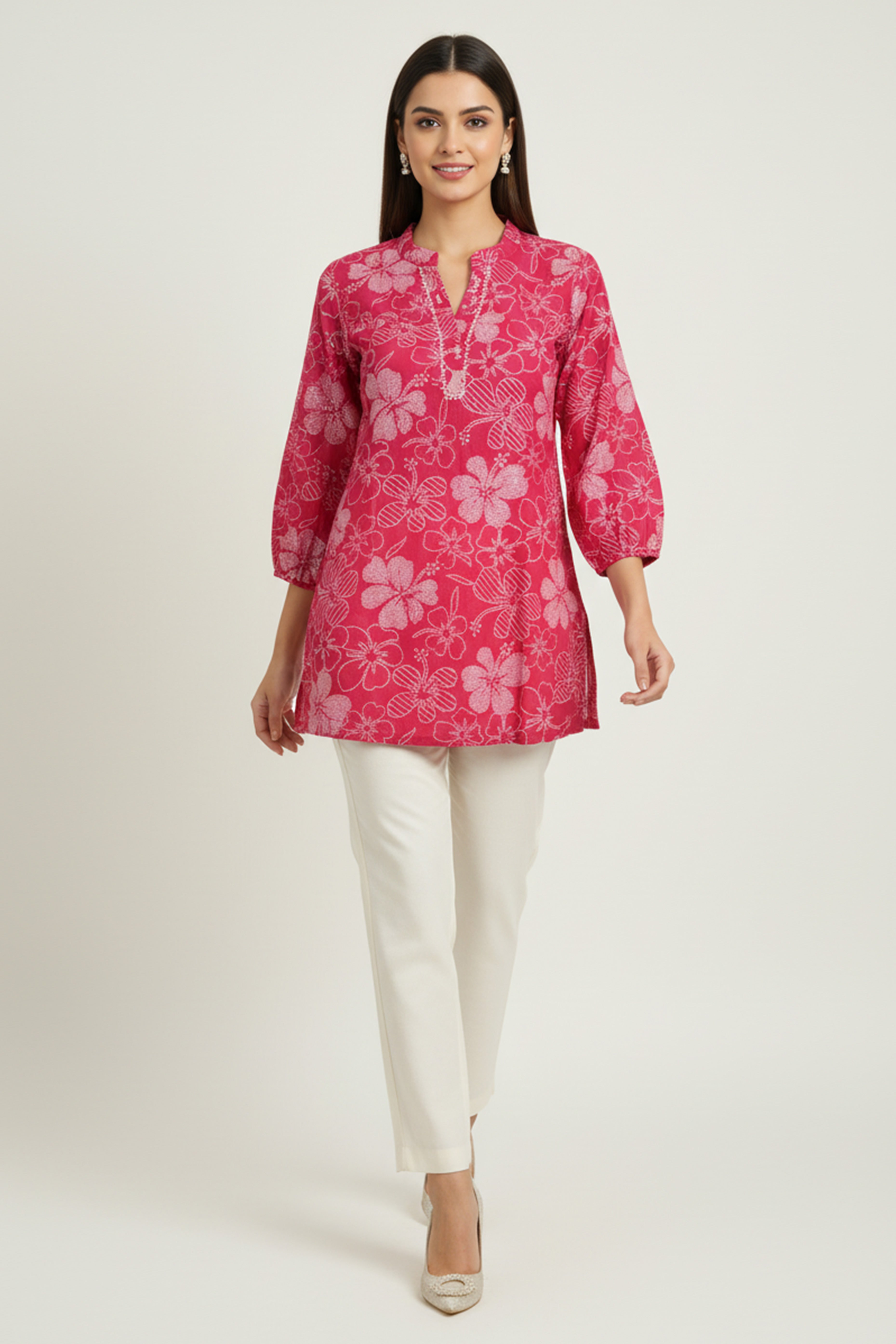 Rani Pink Viscose Blend Slub Fabric Top with Beautiful Floral Prints