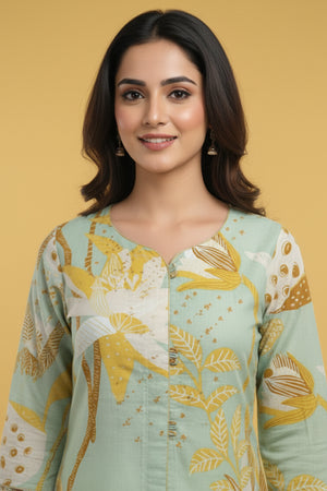 Elegant Floral Printed A-Line Kurti In Light Sky Blue Cotton Blend For Effortless Style