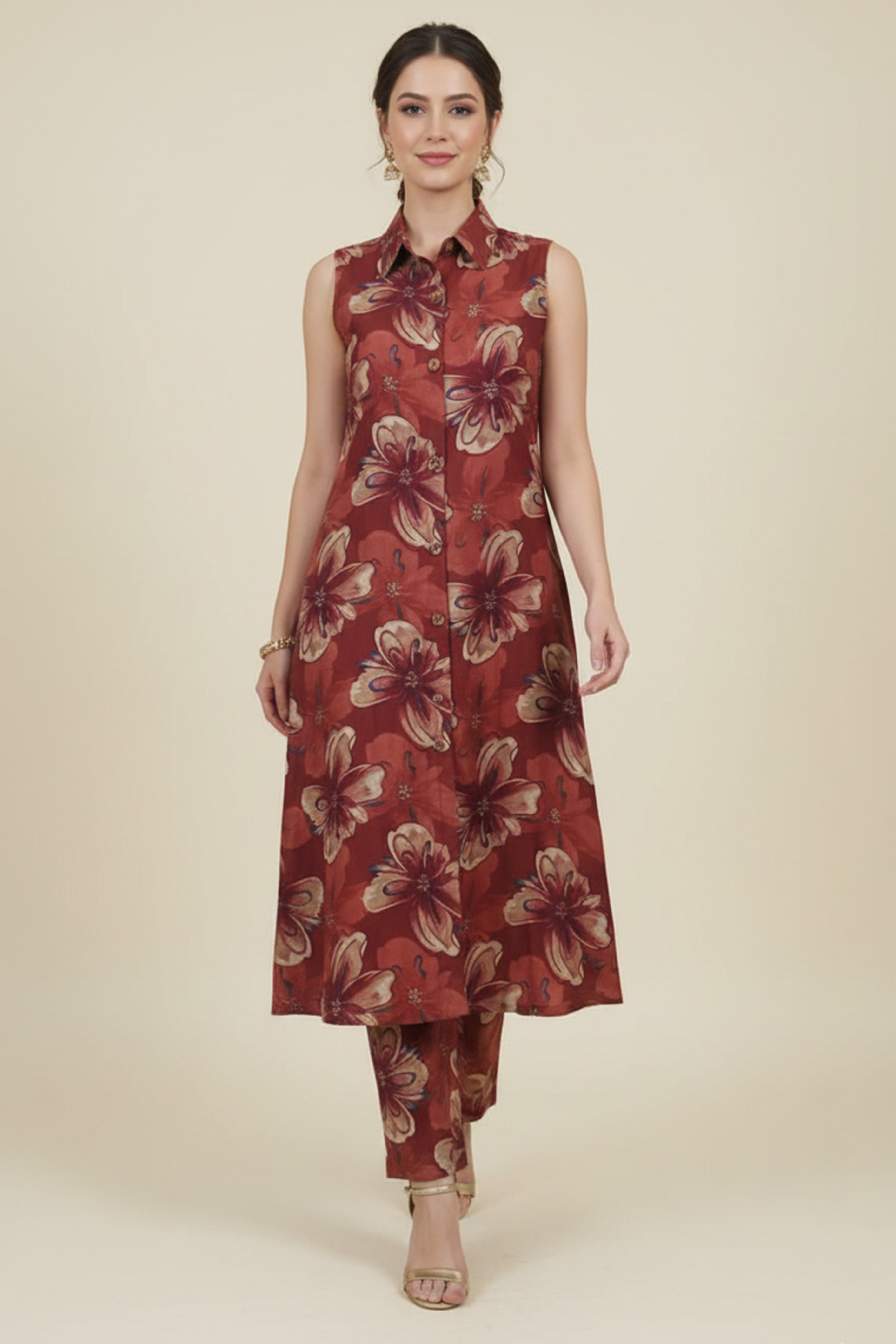 Beautiful Maroon A-Line Co-Ord Set with Floral Printed Detailing in Viscose Blend