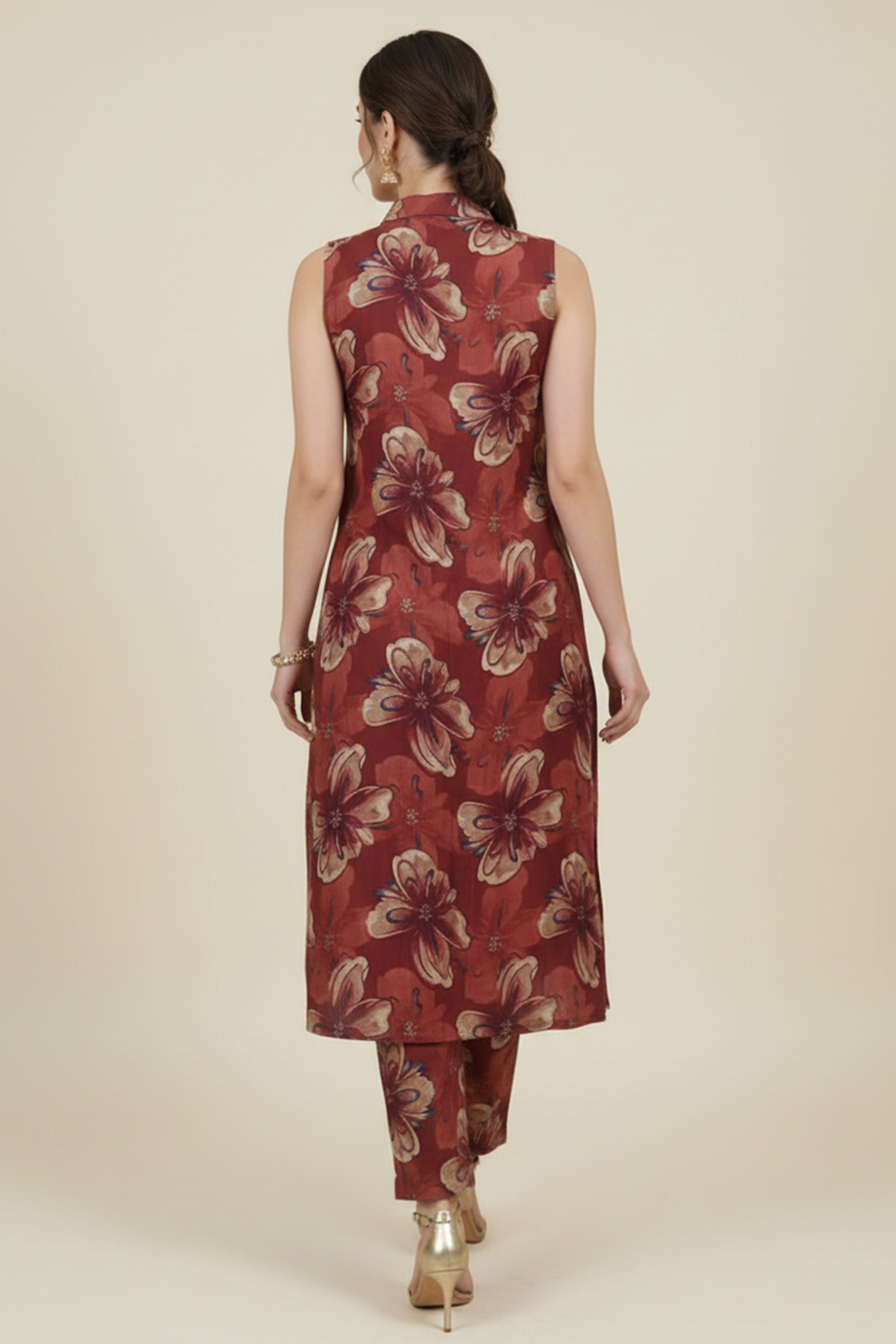 Beautiful Maroon A-Line Co-Ord Set with Floral Printed Detailing in Viscose Blend