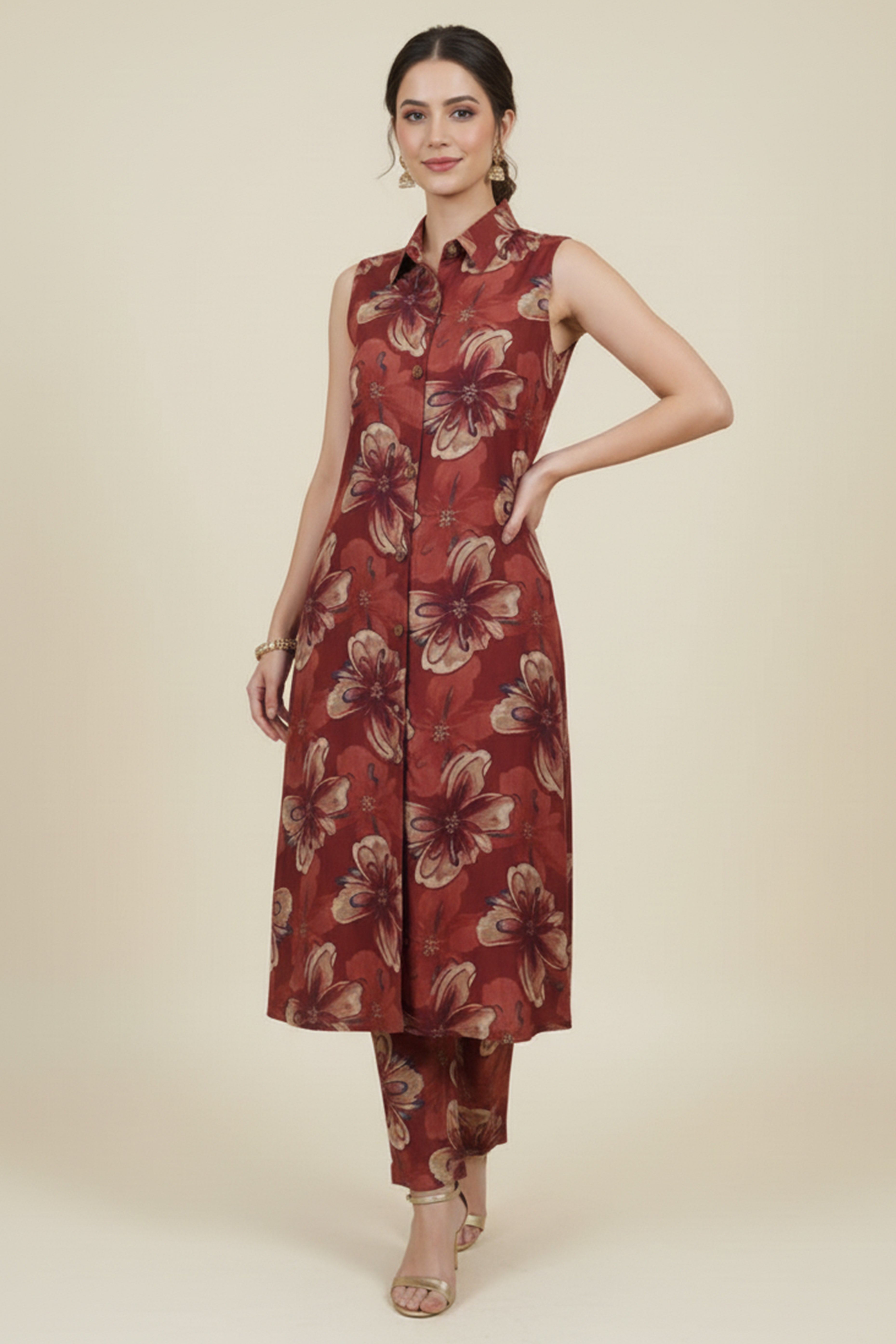 Beautiful Maroon A-Line Co-Ord Set with Floral Printed Detailing in Viscose Blend