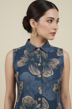 Beautiful Blue A-Line Co-Ord Set with Floral Printed Detailing in Viscose Blend