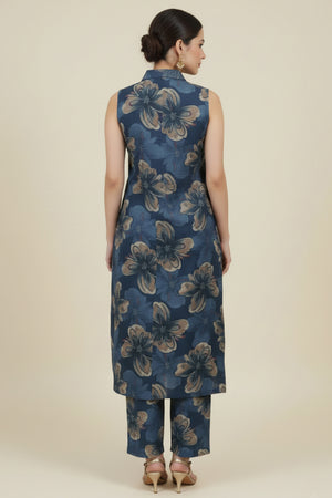 Beautiful Blue A-Line Co-Ord Set with Floral Printed Detailing in Viscose Blend