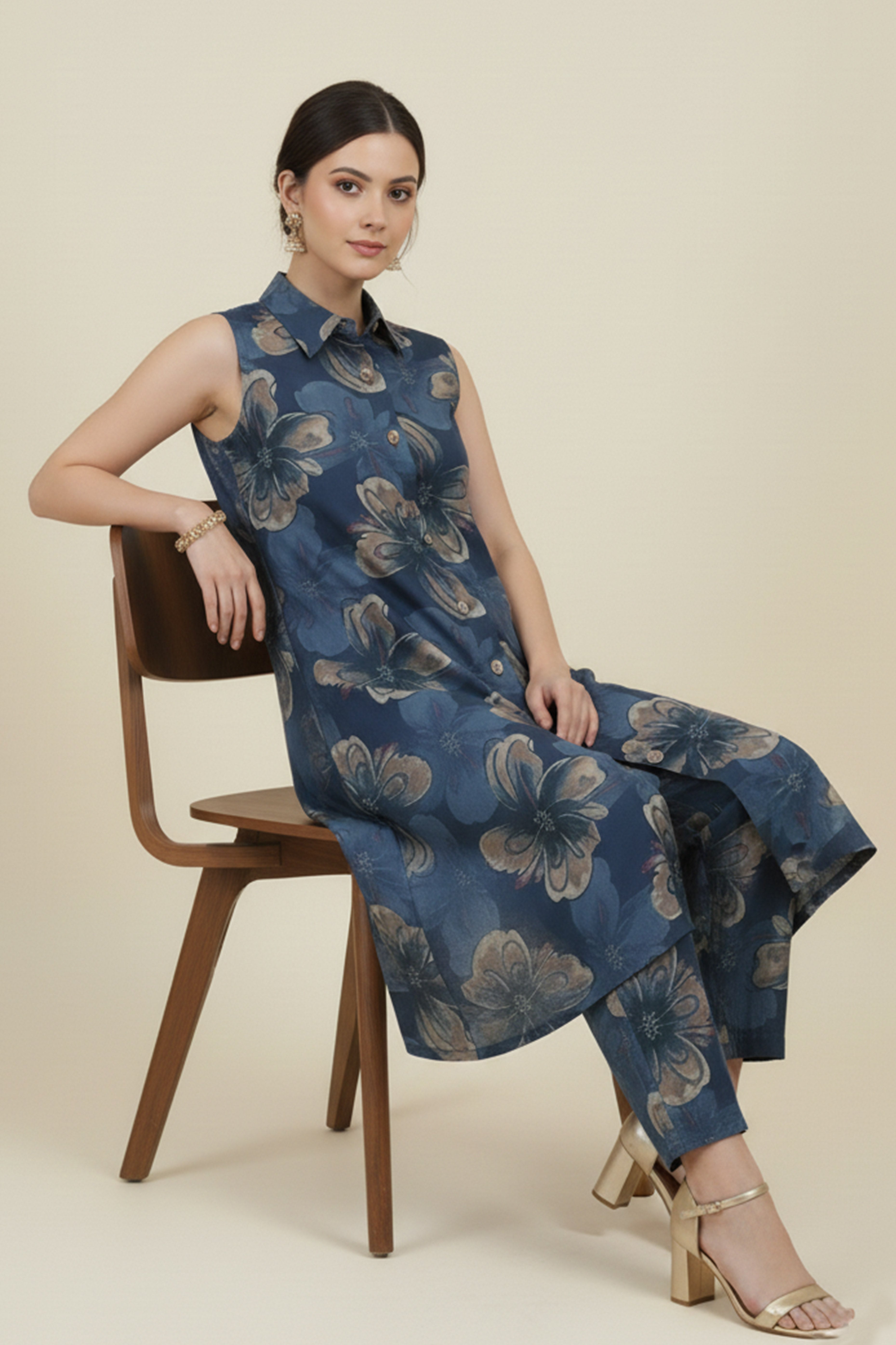 Beautiful Blue A-Line Co-Ord Set with Floral Printed Detailing in Viscose Blend