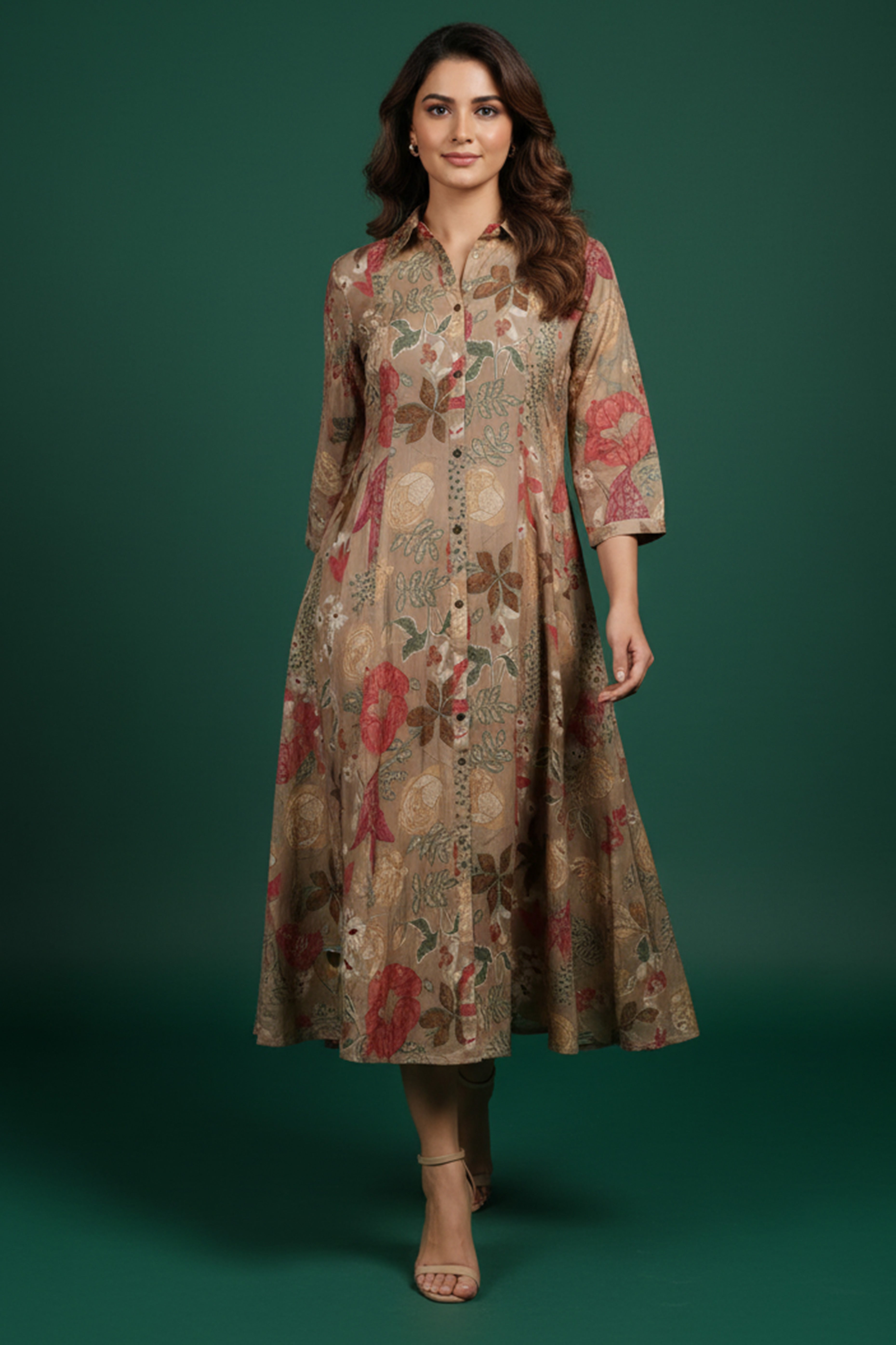 Light Brown Muslin A-Line Dress in Floral Print