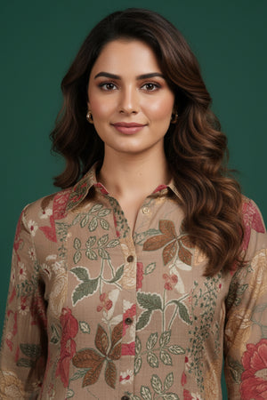 Light Brown Muslin A-Line Dress in Floral Print