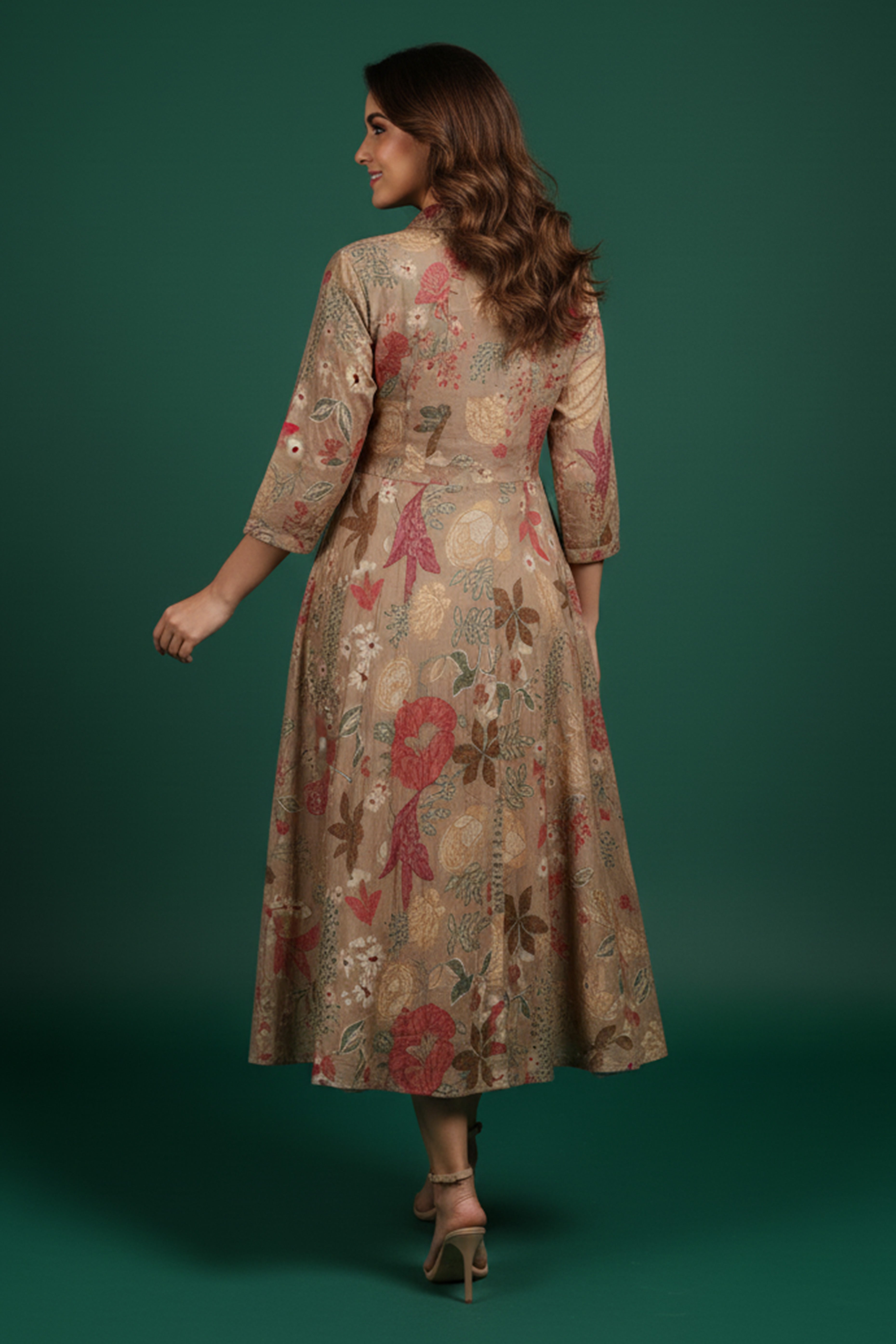Light Brown Muslin A-Line Dress in Floral Print