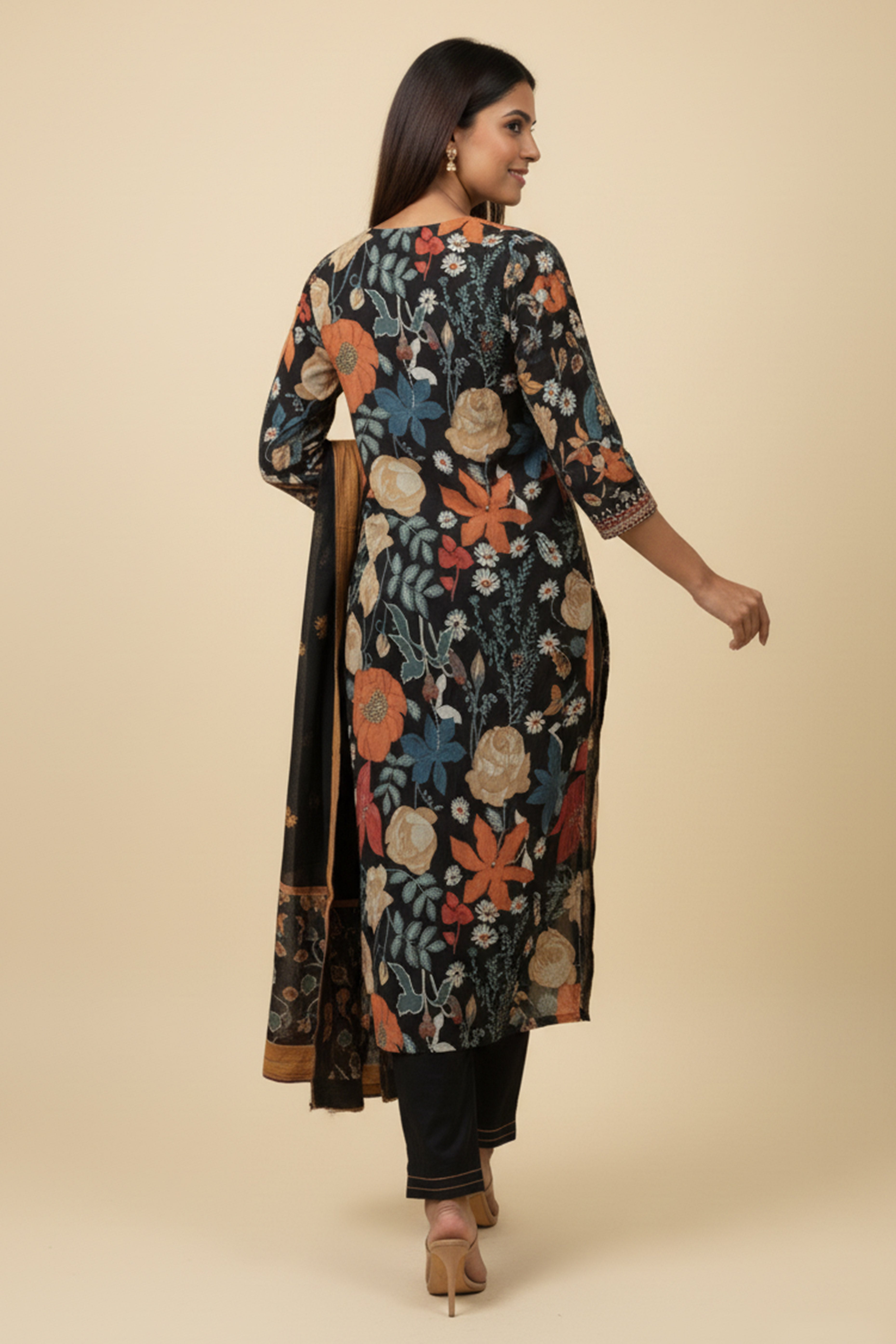 Beautiful Black Mulmul Chanderi Straight Cut Salwar Suit with Floral Prints for Festive Elegance