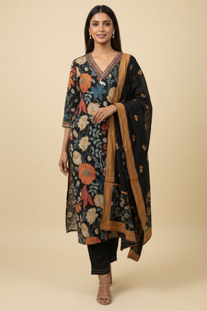 Beautiful Black Mulmul Chanderi Straight Cut Salwar Suit with Floral Prints for Festive Elegance