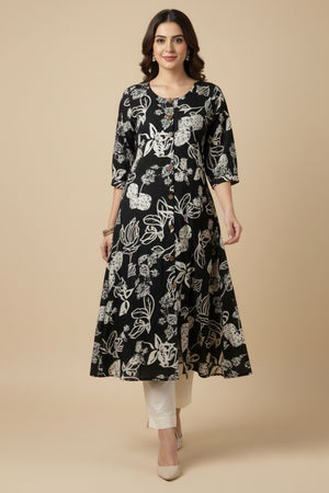 Black Rayon Kurti Featuring Elegant Floral Motifs for Everyday Styling