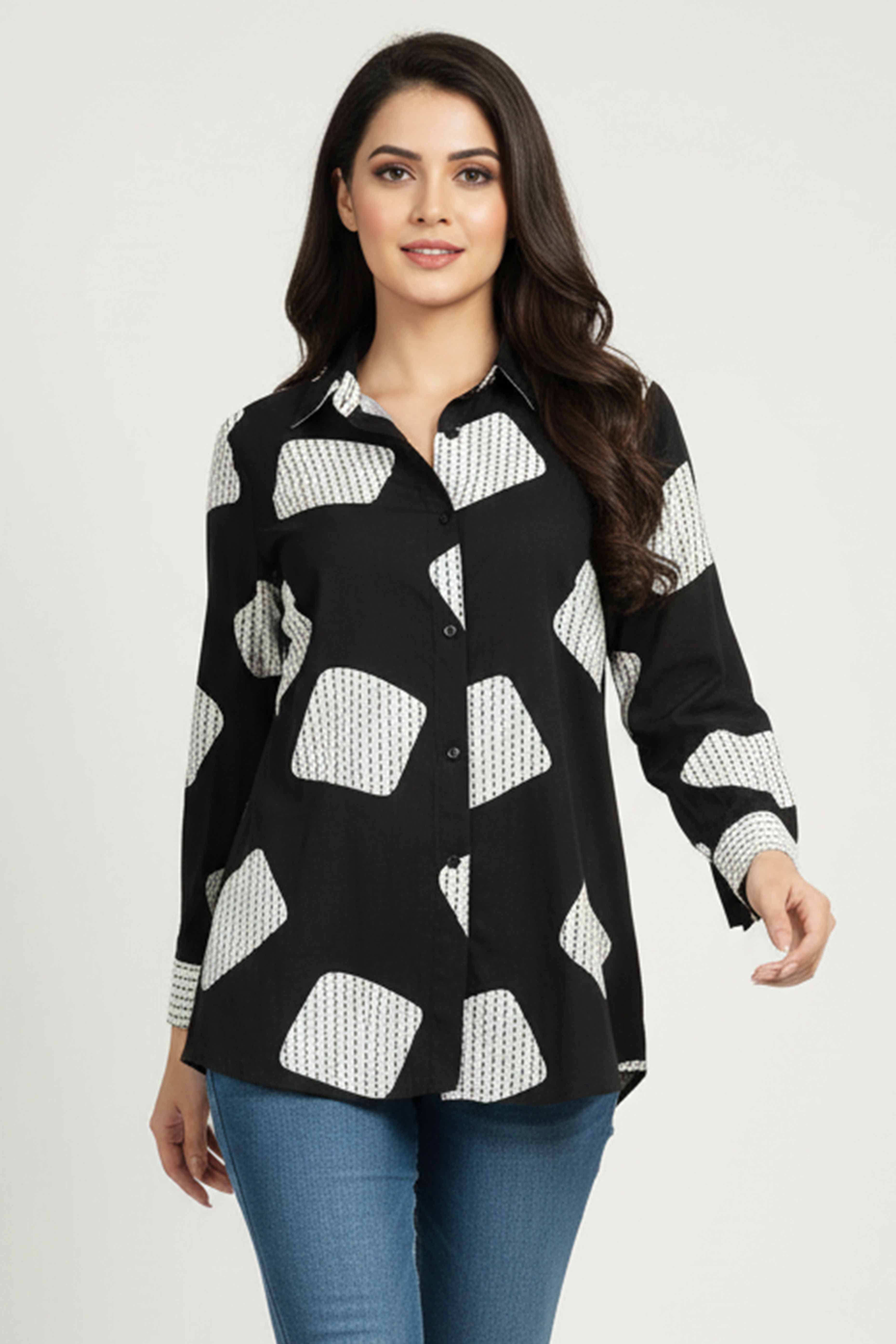 Black & White Geometric Printed Rayon Shirt Top With Collared Neckline