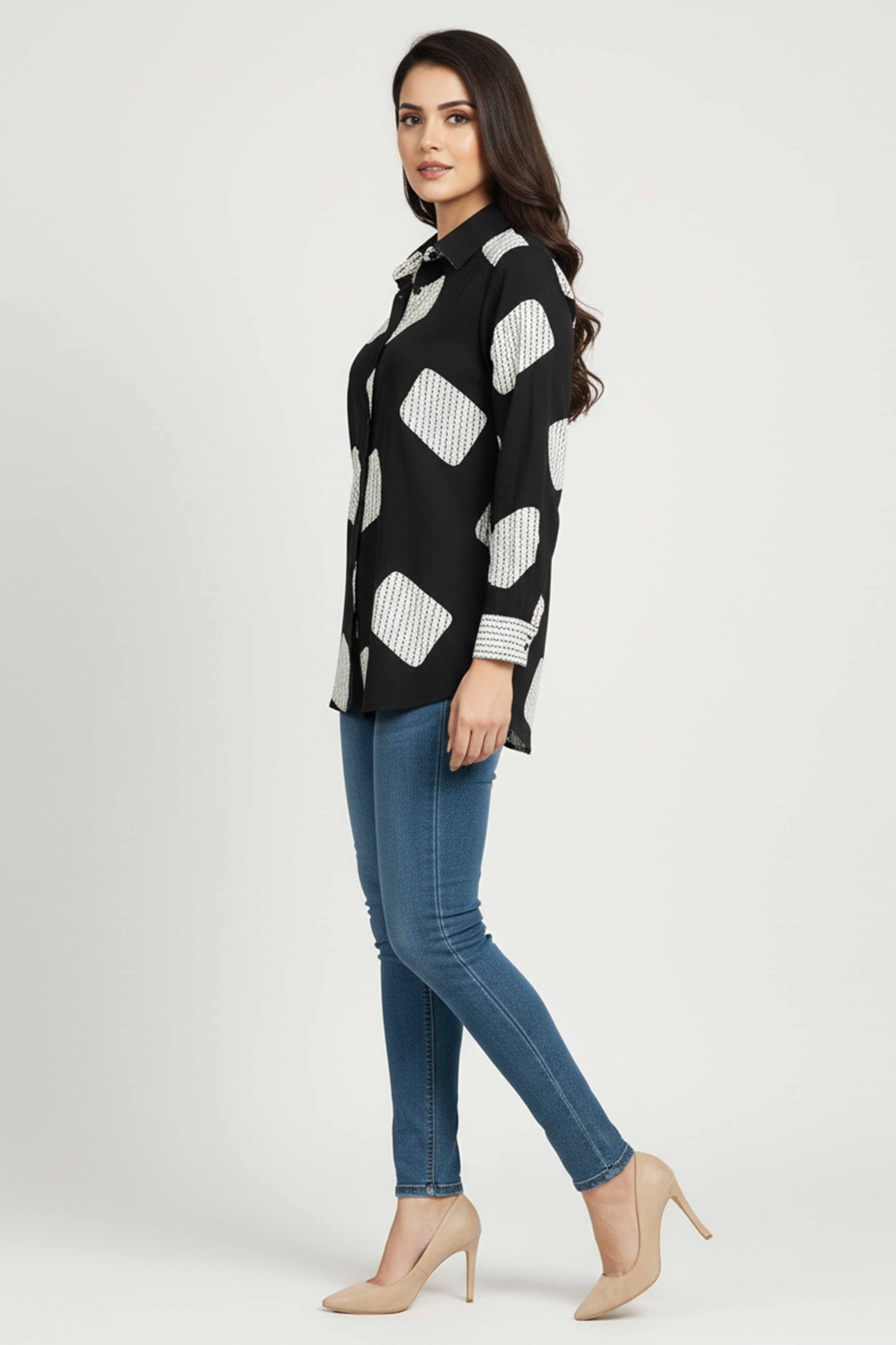 Black & White Geometric Printed Rayon Shirt Top With Collared Neckline