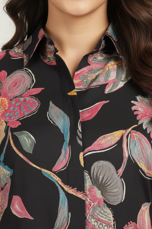 Black Muslin Shirt Top with Allover Floral Motifs