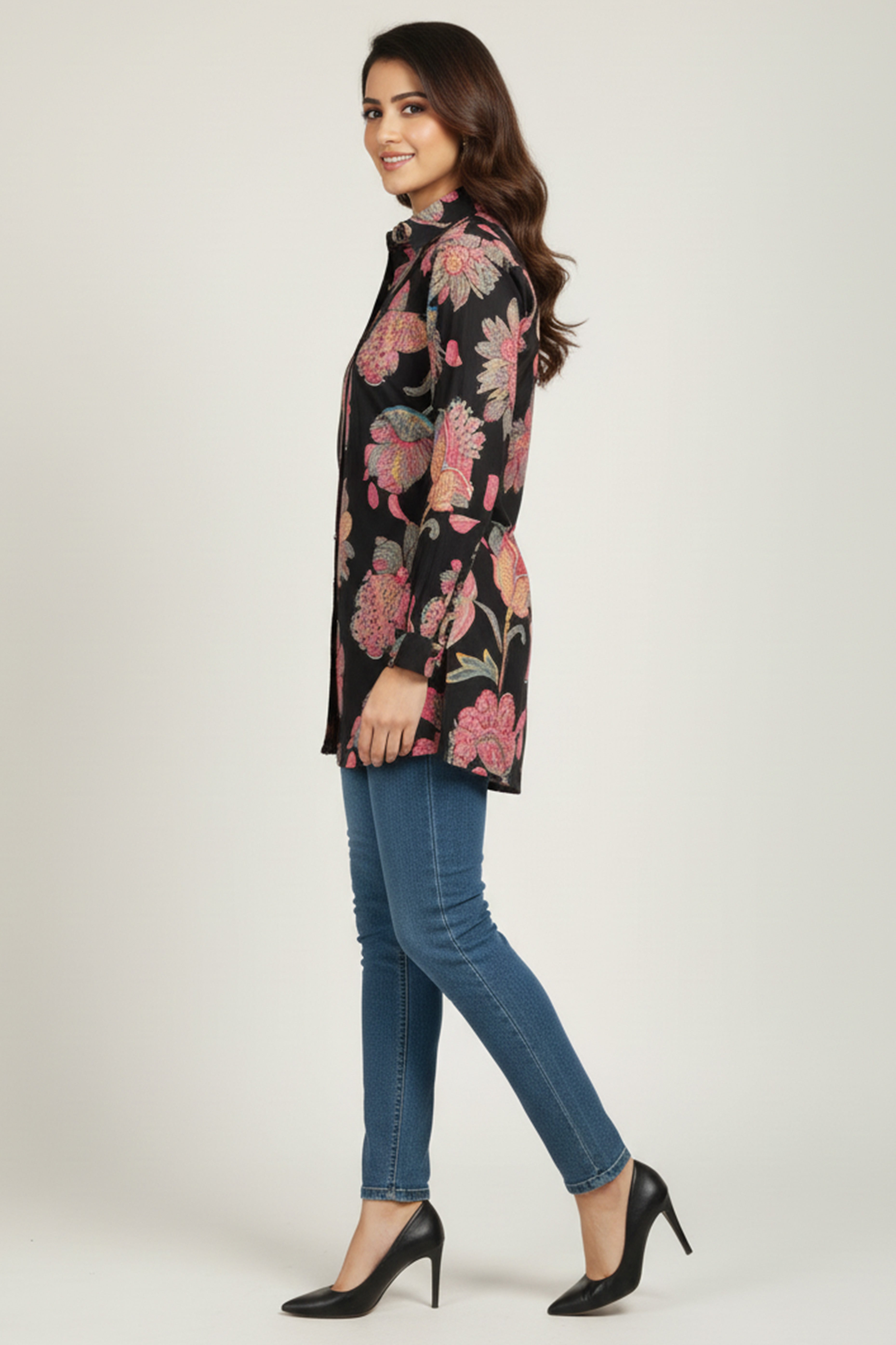 Black Muslin Shirt Top with Allover Floral Motifs