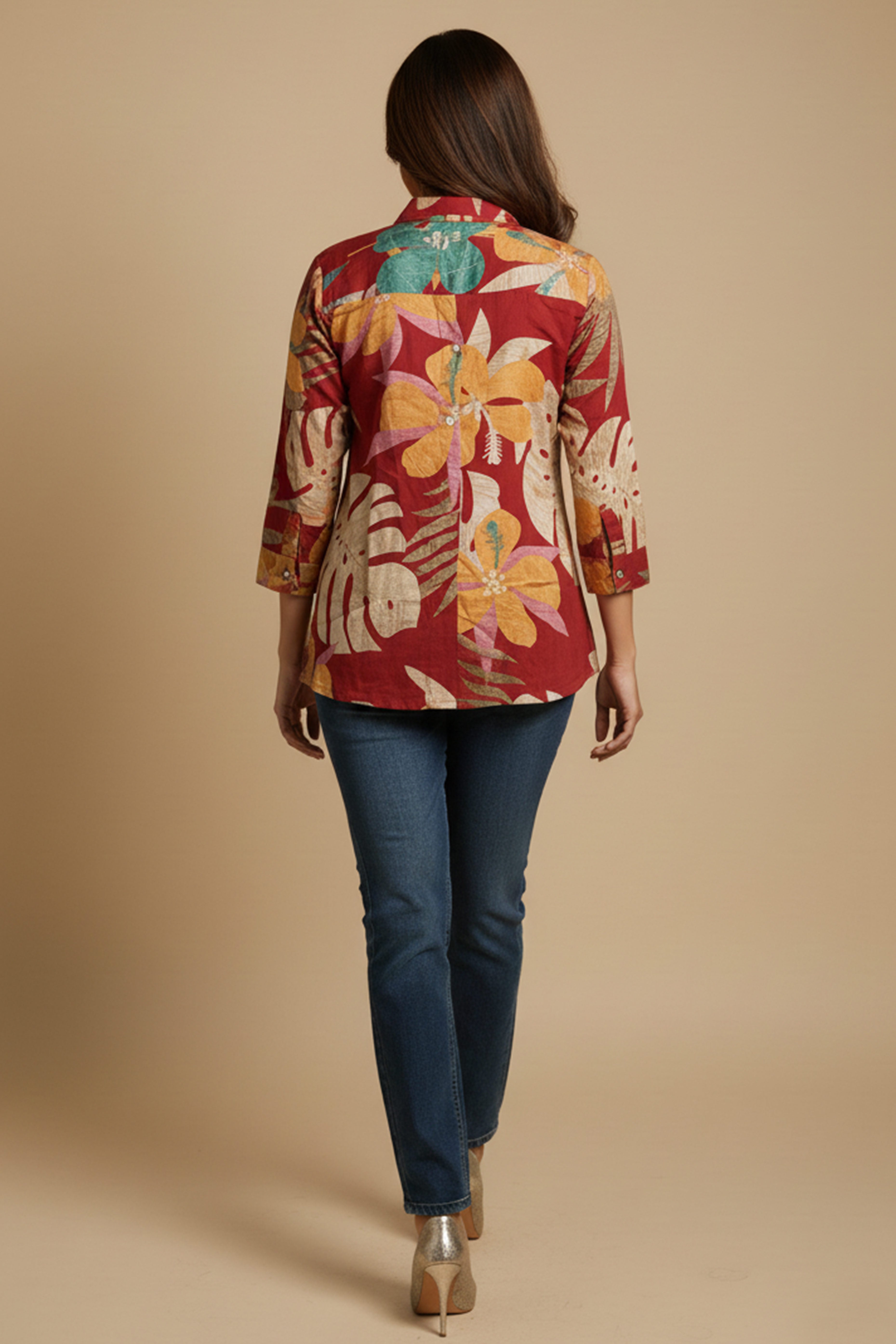 Trendy Red Floral Muslin Shirt Top With Smart Collared Neck & Button Down Front