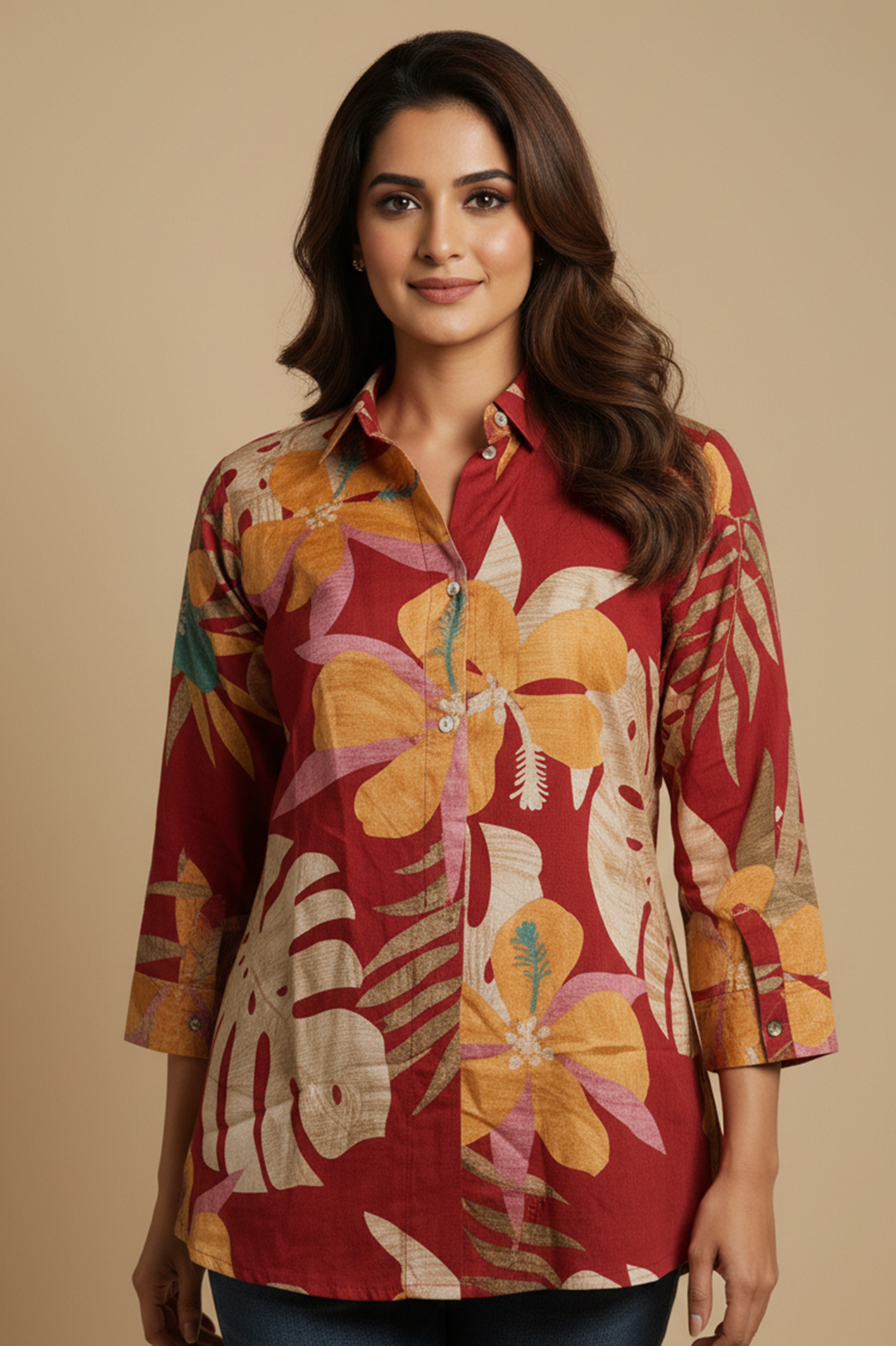 Trendy Red Floral Muslin Shirt Top With Smart Collared Neck & Button Down Front