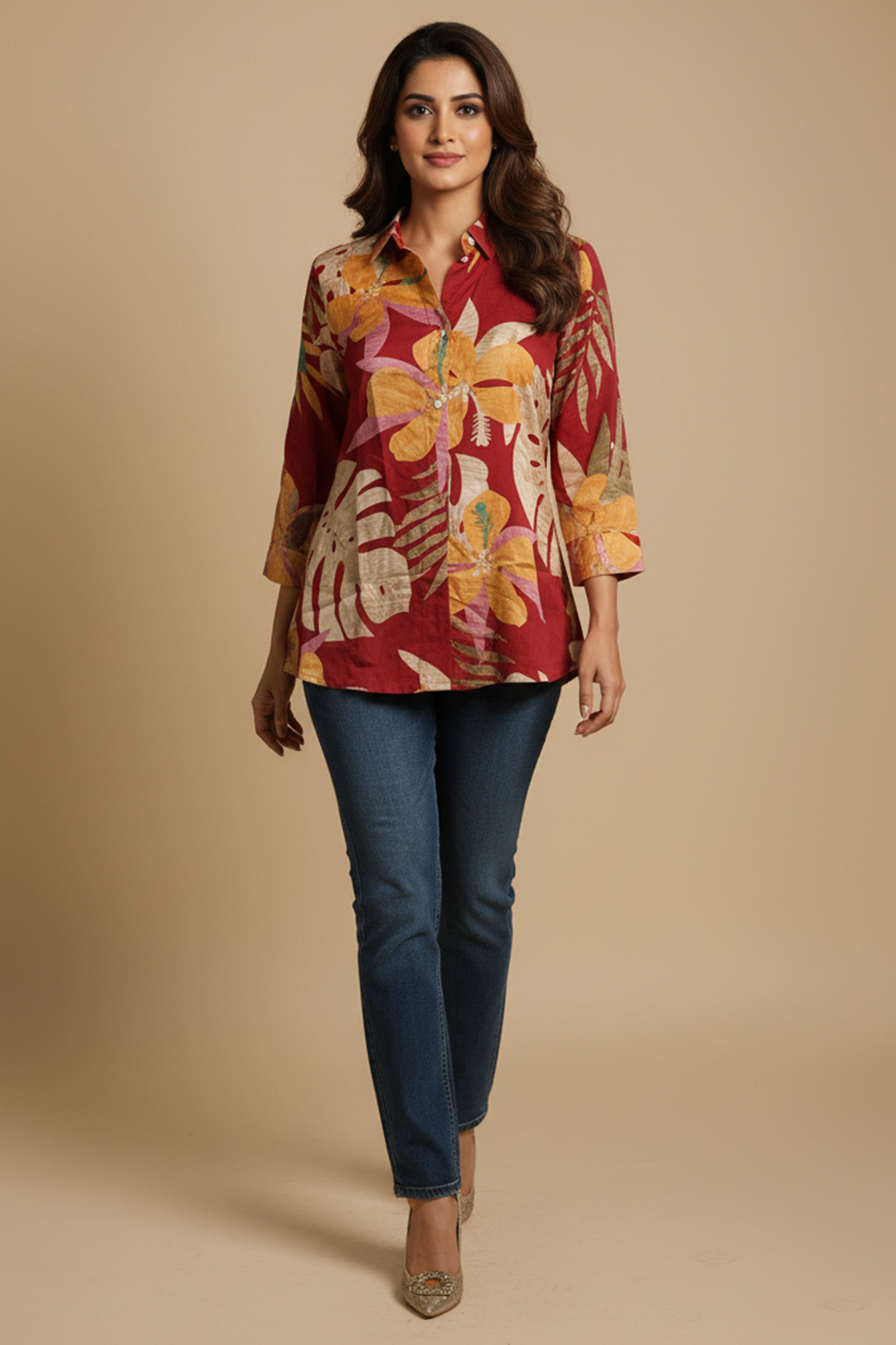 Trendy Red Floral Muslin Shirt Top With Smart Collared Neck & Button Down Front