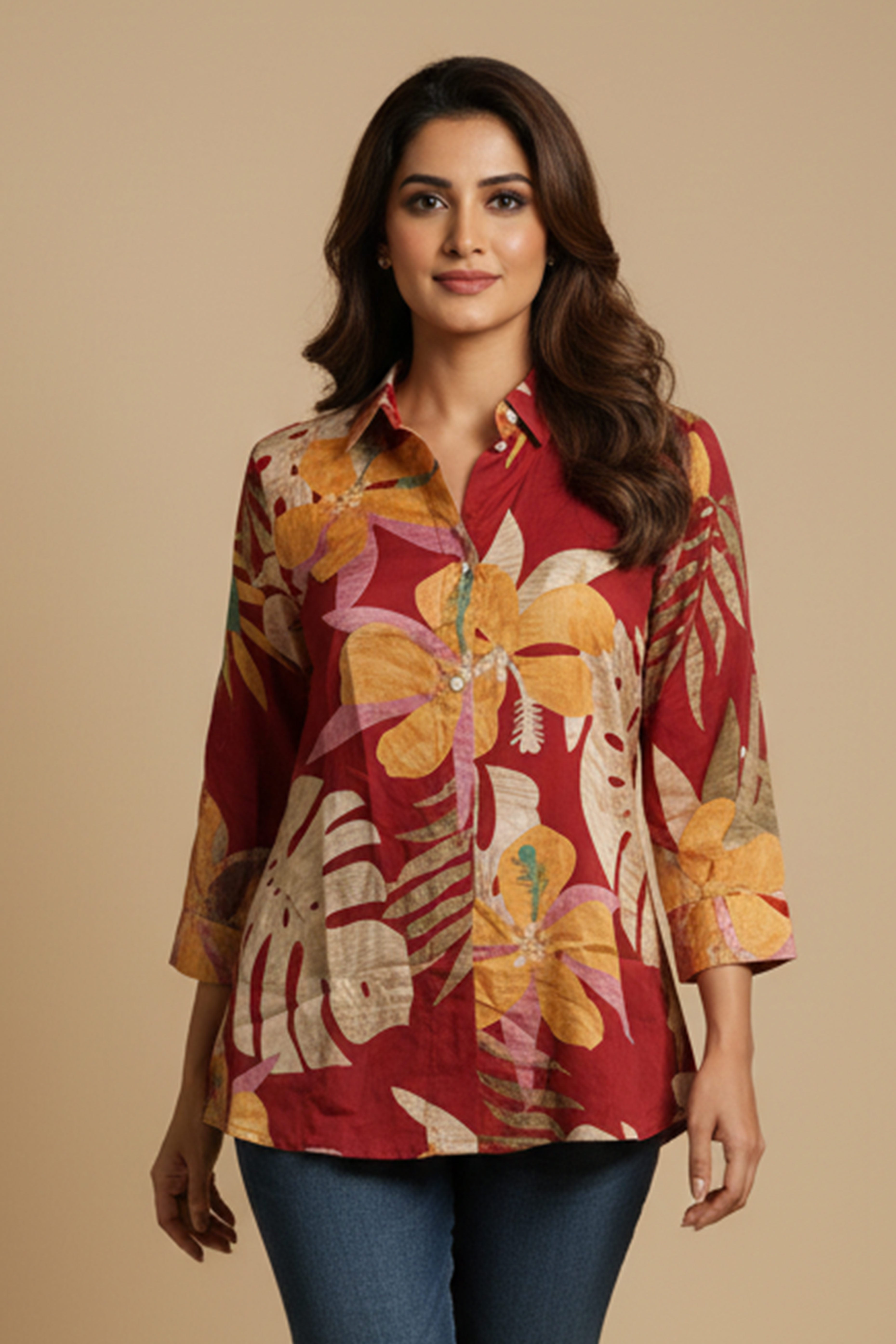 Trendy Red Floral Muslin Shirt Top With Smart Collared Neck & Button Down Front