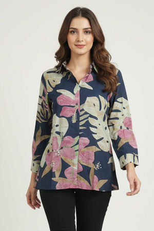 Trendy Blue Floral Muslin Shirt Top With Smart Collared Neck & Button Down Front