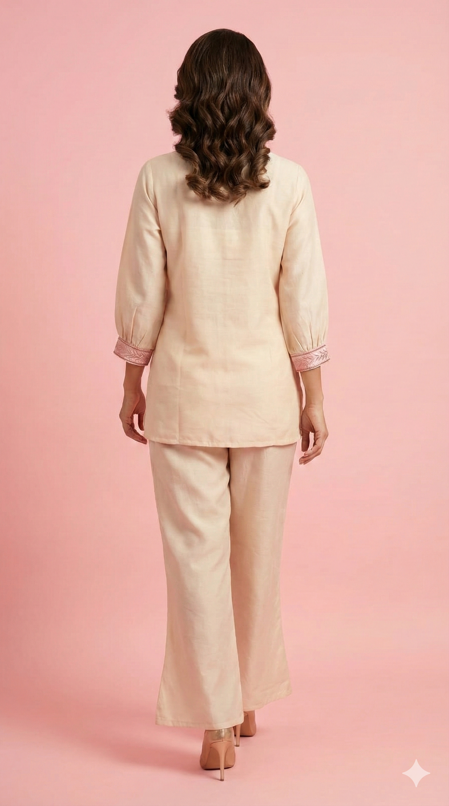 Peach Chiffon Straight-Fit Top and Bottom Set Featuring Statement Floral Embroidery