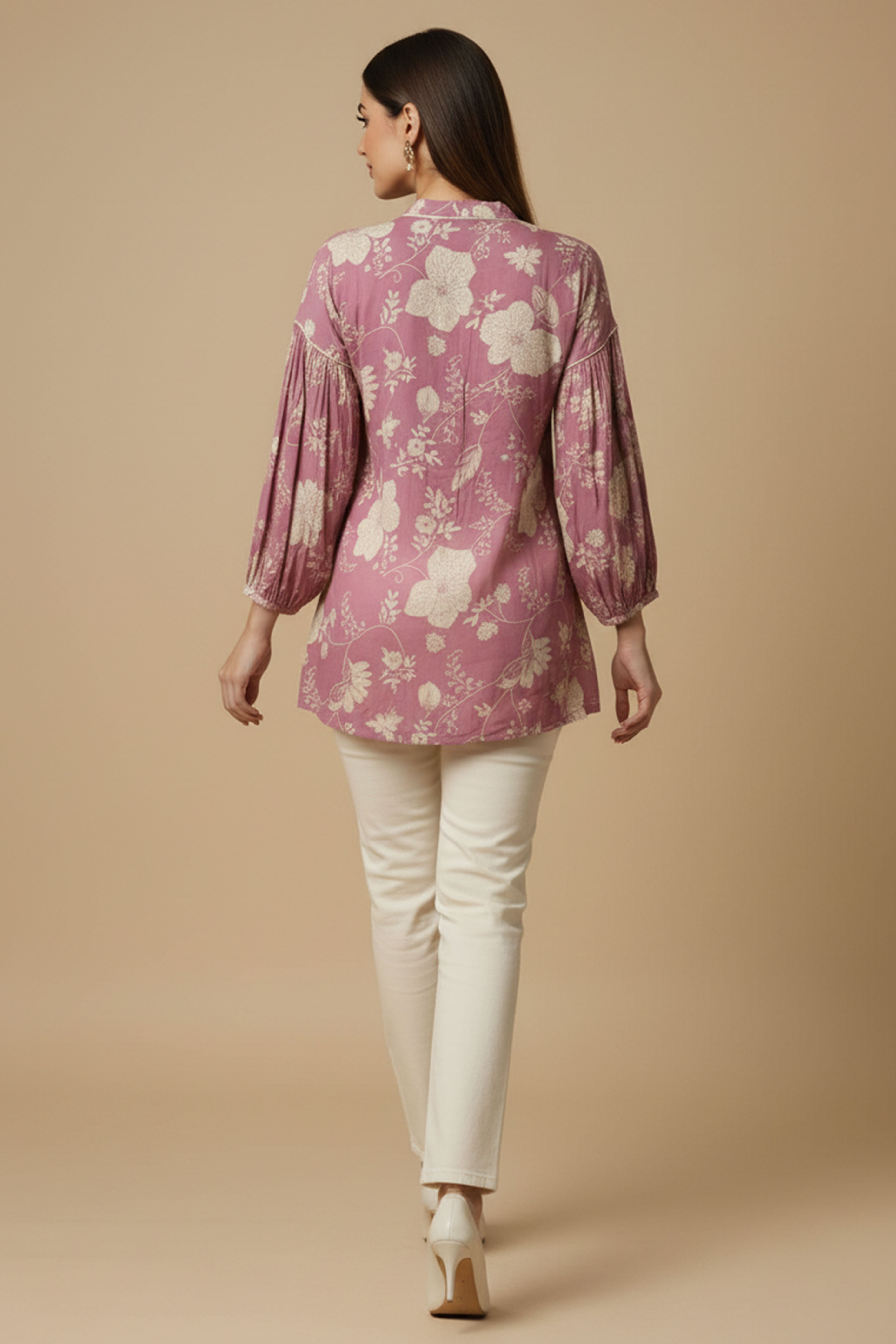 Light Pink Floral Printed Muslin Straight Top Perfect for Everyday Fashion