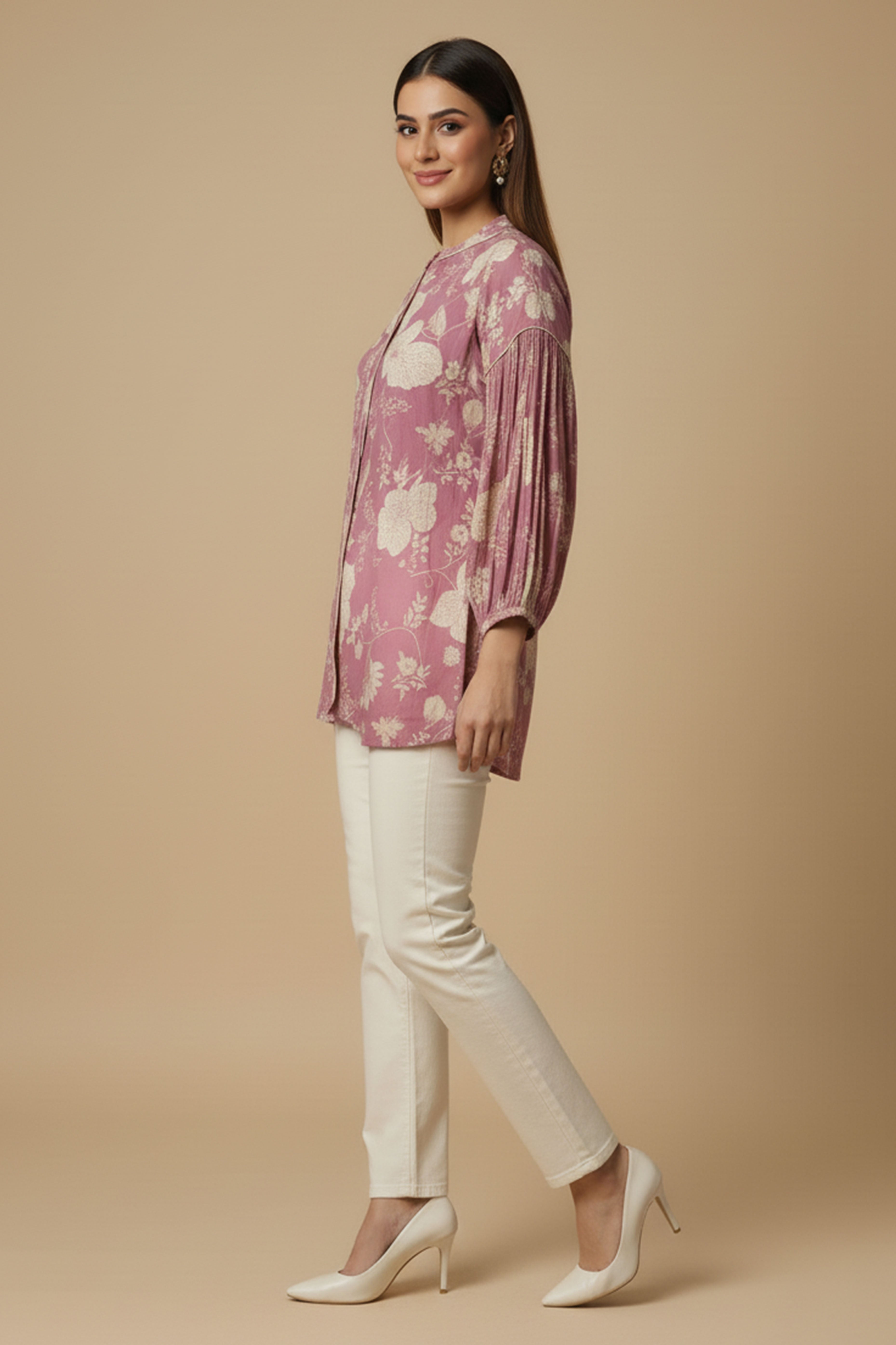 Light Pink Floral Printed Muslin Straight Top Perfect for Everyday Fashion
