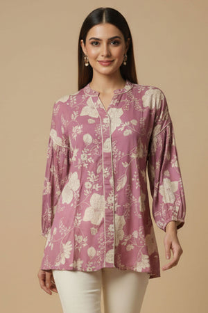Light Pink Floral Printed Muslin Straight Top Perfect for Everyday Fashion