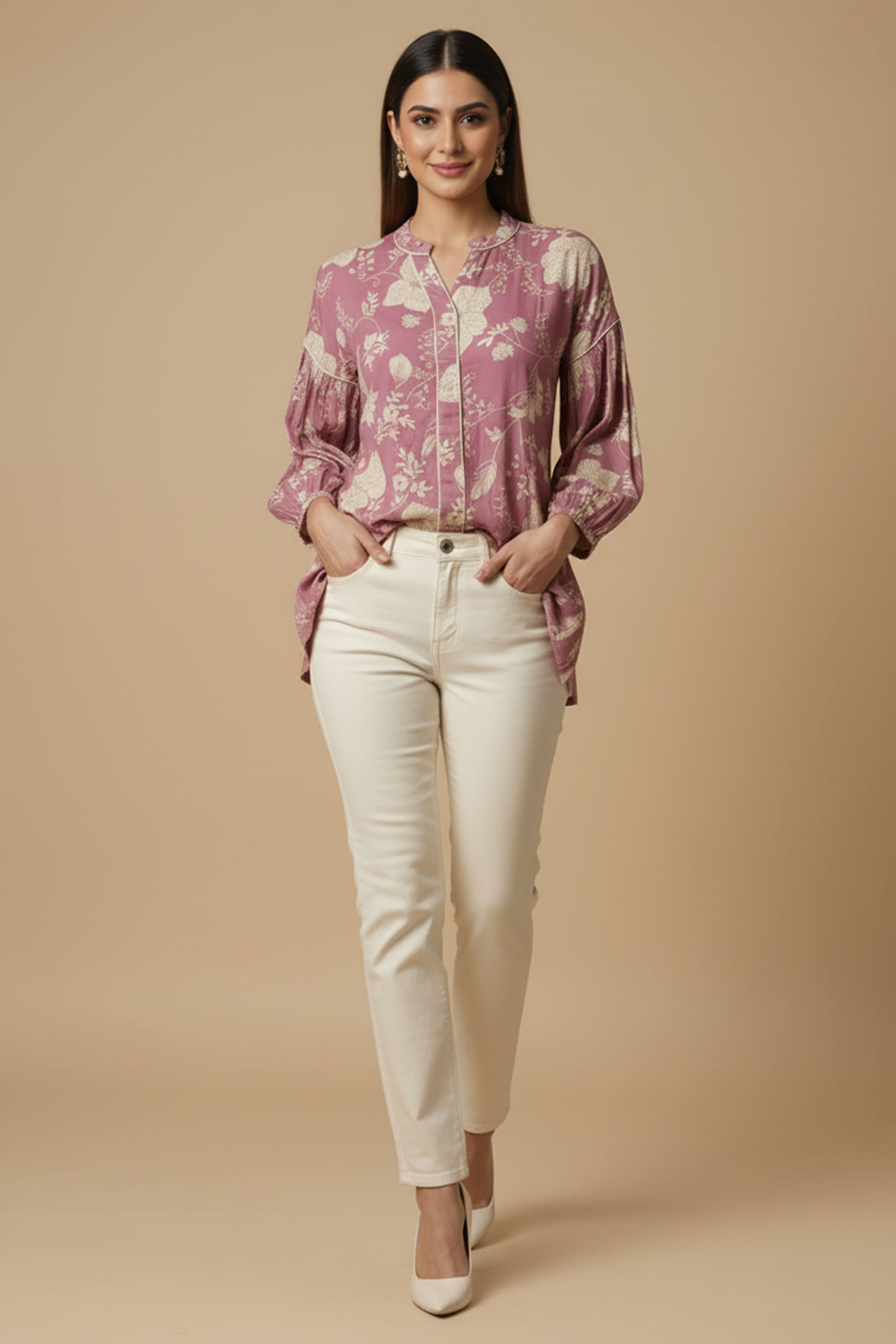 Light Pink Floral Printed Muslin Straight Top Perfect for Everyday Fashion