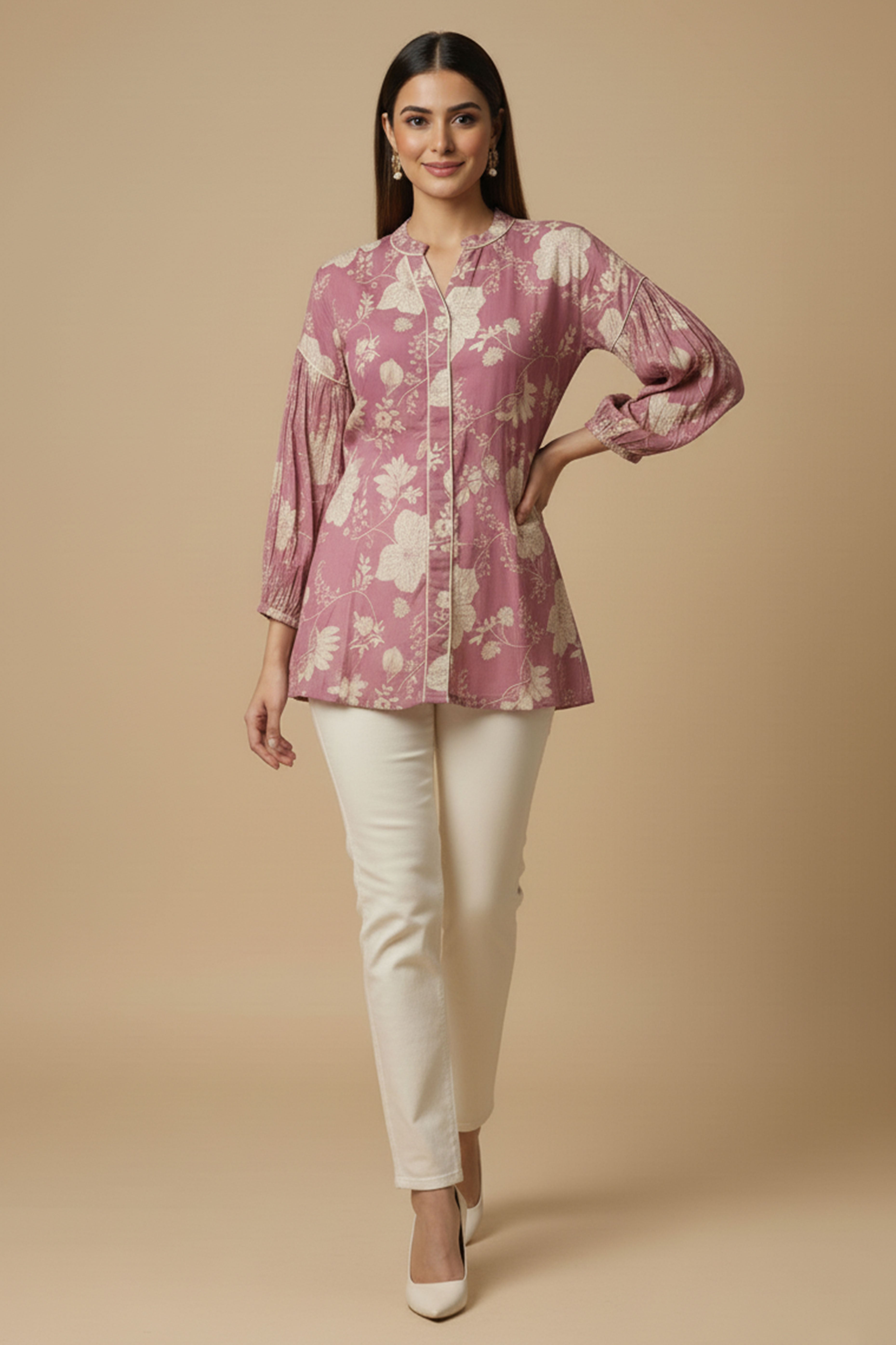 Light Pink Floral Printed Muslin Straight Top Perfect for Everyday Fashion
