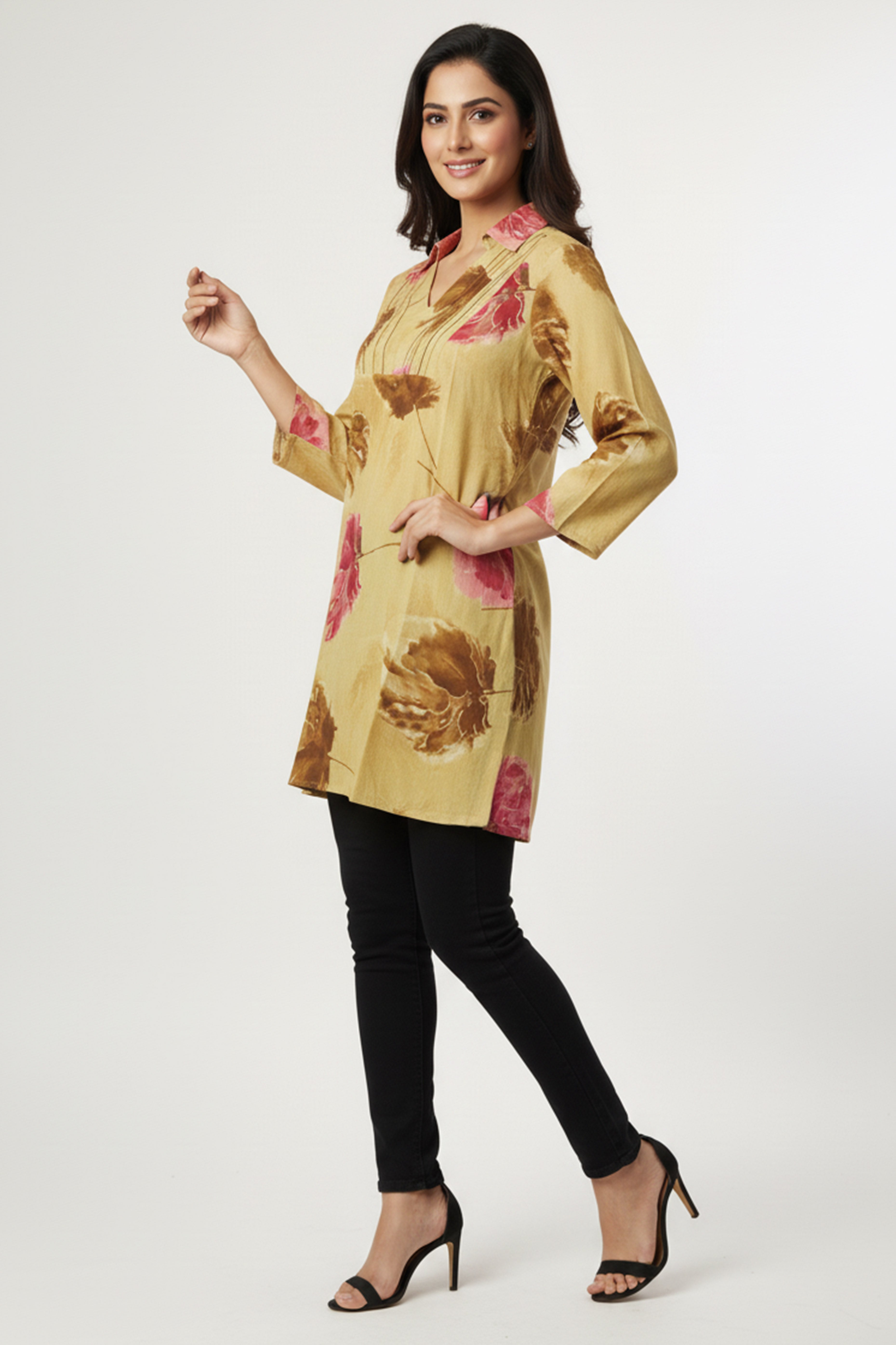 Minimalist Butter Yellow A-Line Top in Pure Cotton Featuring Elegant Floral Prints