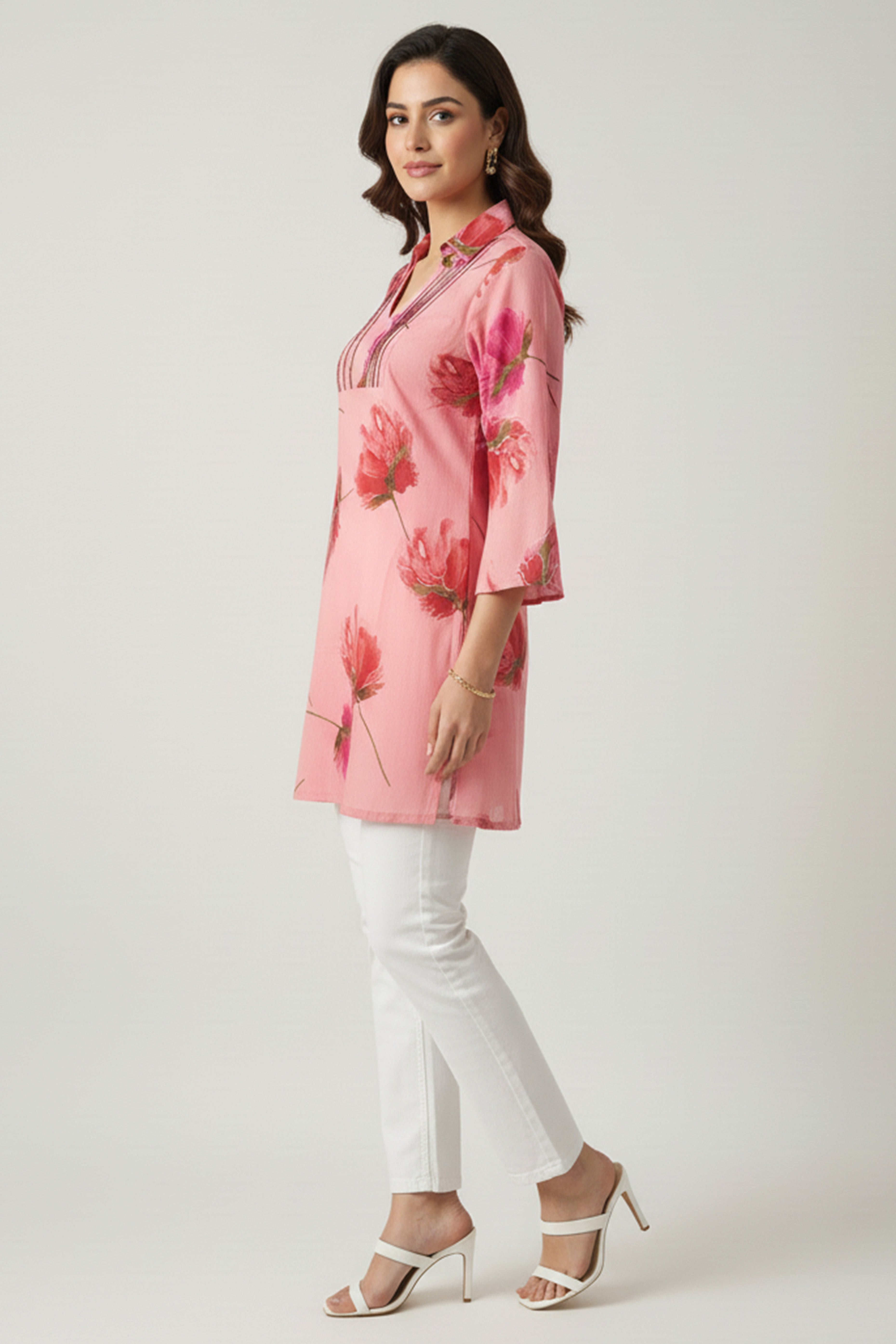 Minimalist Pink A-Line Top in Pure Cotton Featuring Elegant Floral Prints