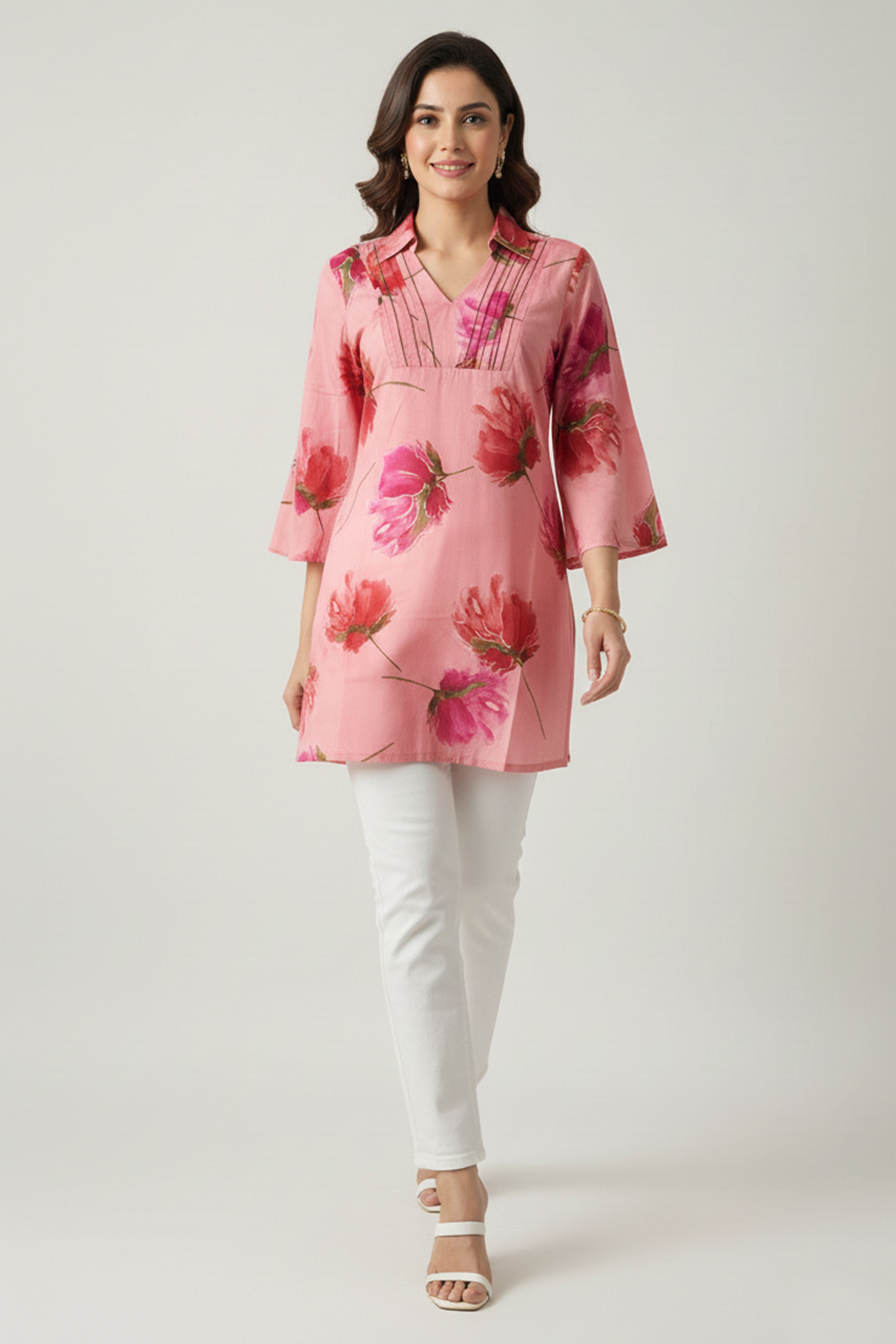 Minimalist Pink A-Line Top in Pure Cotton Featuring Elegant Floral Prints