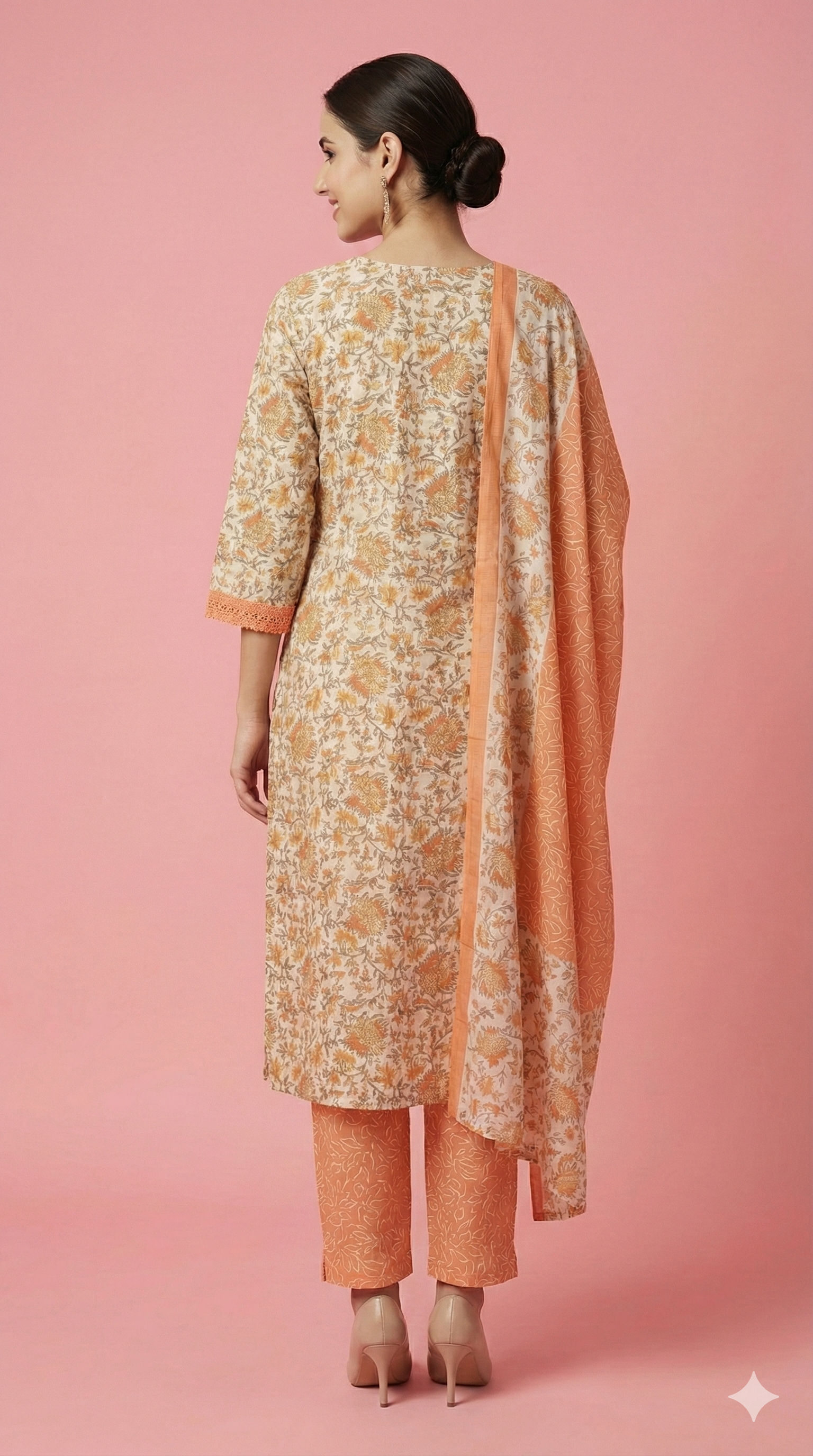 White with Orange Floral Printed Cotton Salwar Suit with Straight Kurta and Coordinated Dupatta