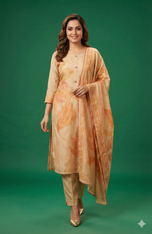 Peach Straight-Fit Muslin Salwar Suit Featuring Delicate Floral Printed Detailing