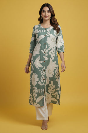 Green Comfortable & Trendy A-Line Kurti in Pure Cotton Fabric with Floral Design