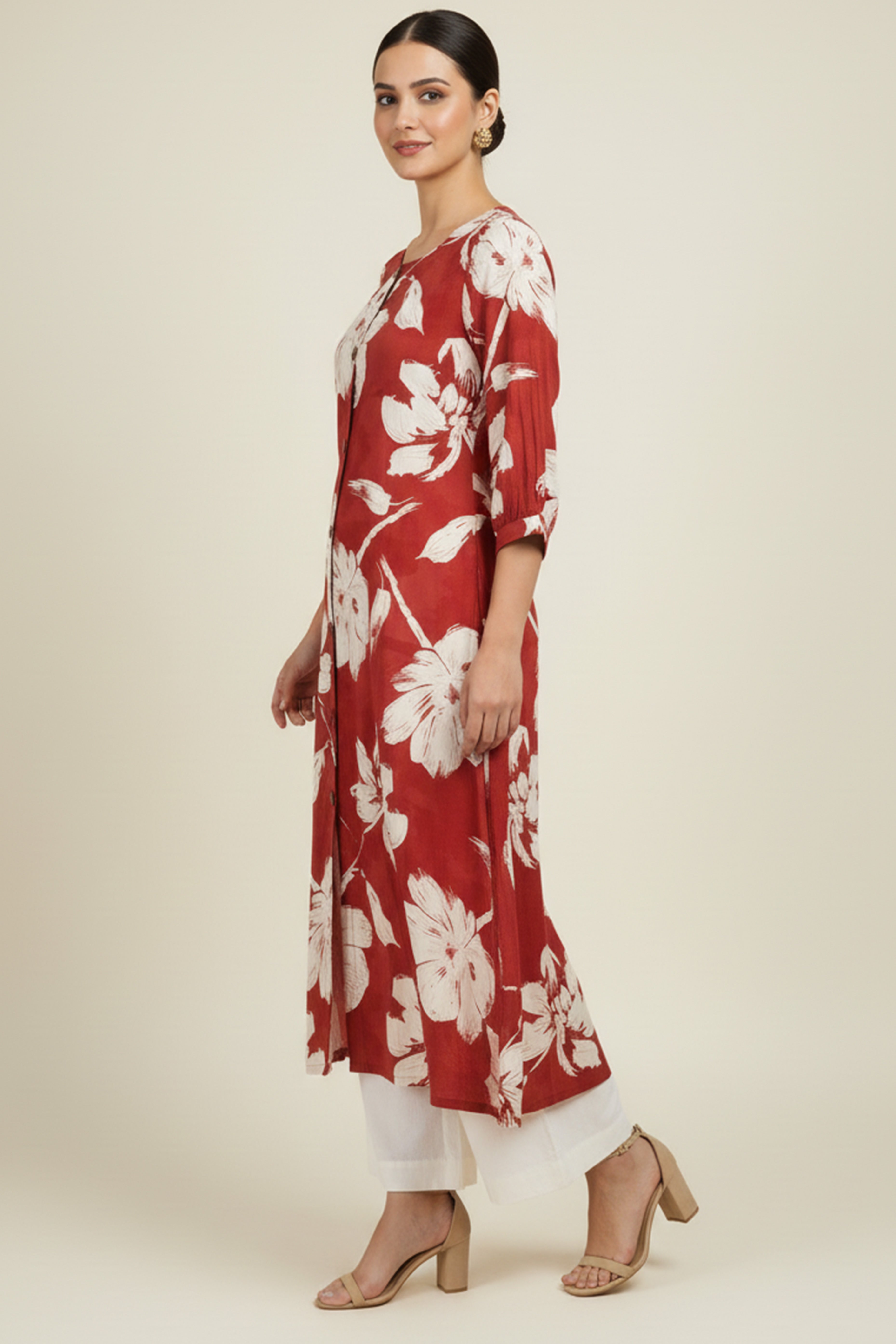 Red Rayon Kurti Accented with Delicate Floral Motifs