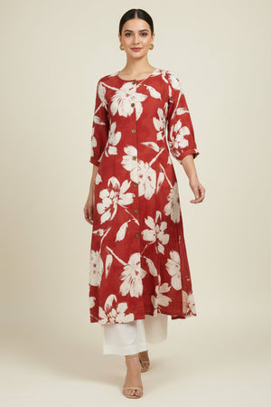 Red Rayon Kurti Accented with Delicate Floral Motifs